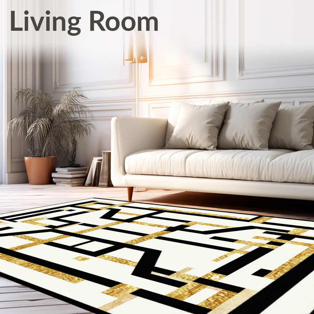 Abstract Black Gold Geometric Lines Rug