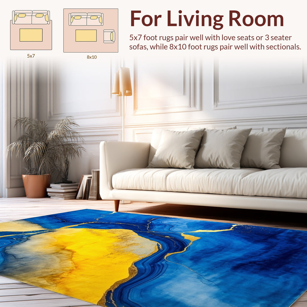 Abstract Gold Veined Blue Yellow Rug