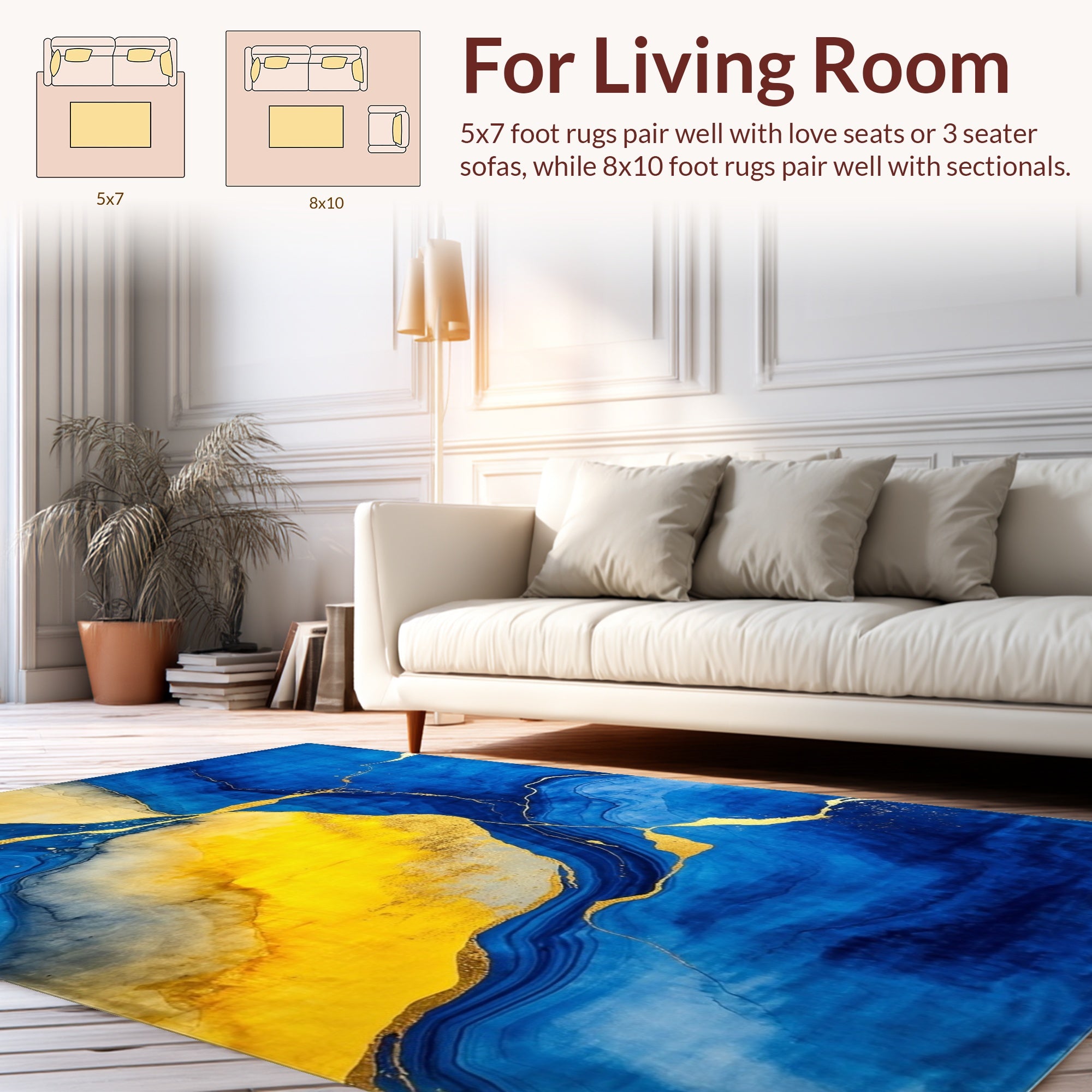 Abstract Gold Veined Blue Yellow Rug