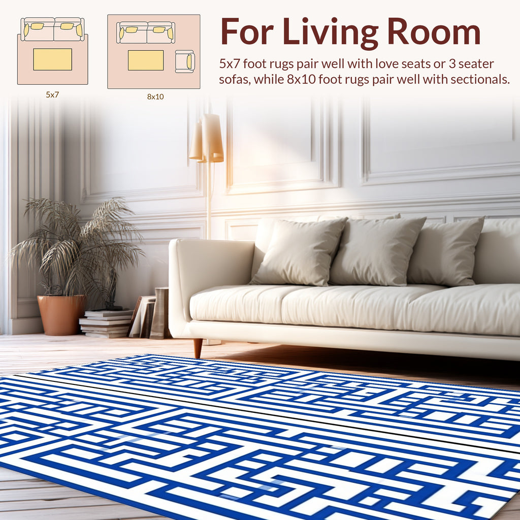 Abstract Blue Maze Pattern Rug