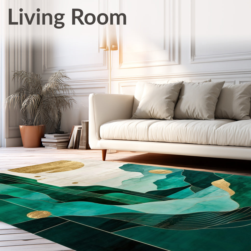Abstract Green Teal Gold Mountain Sun Rug