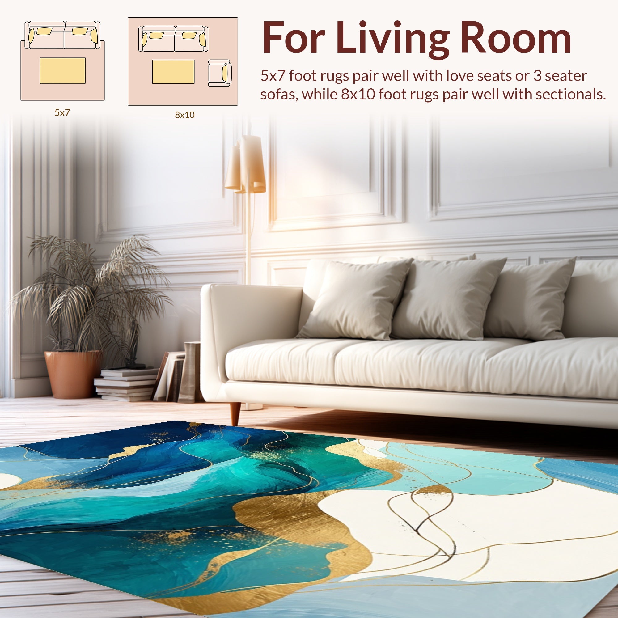 Abstract Aqua Gold Wave Pattern Rug