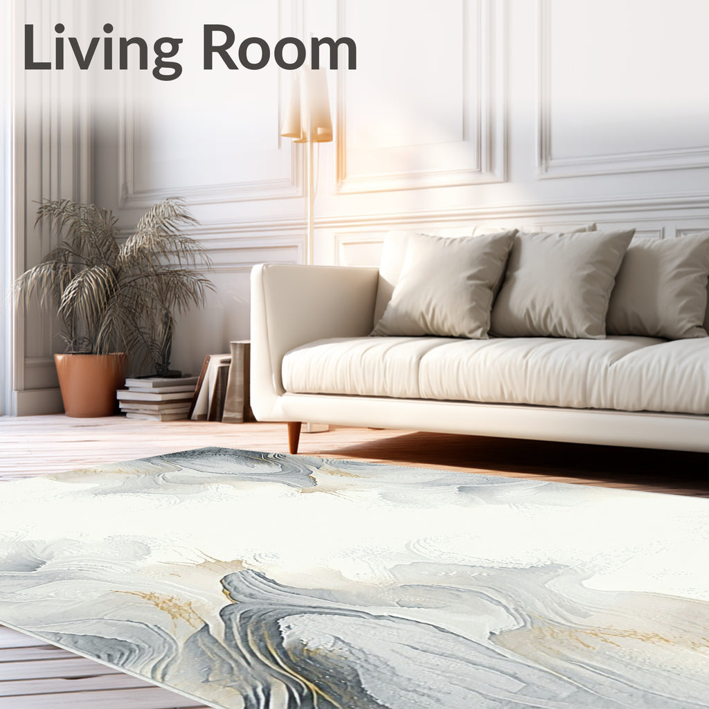 Abstract Fluidic Grey Gold Pattern Rug