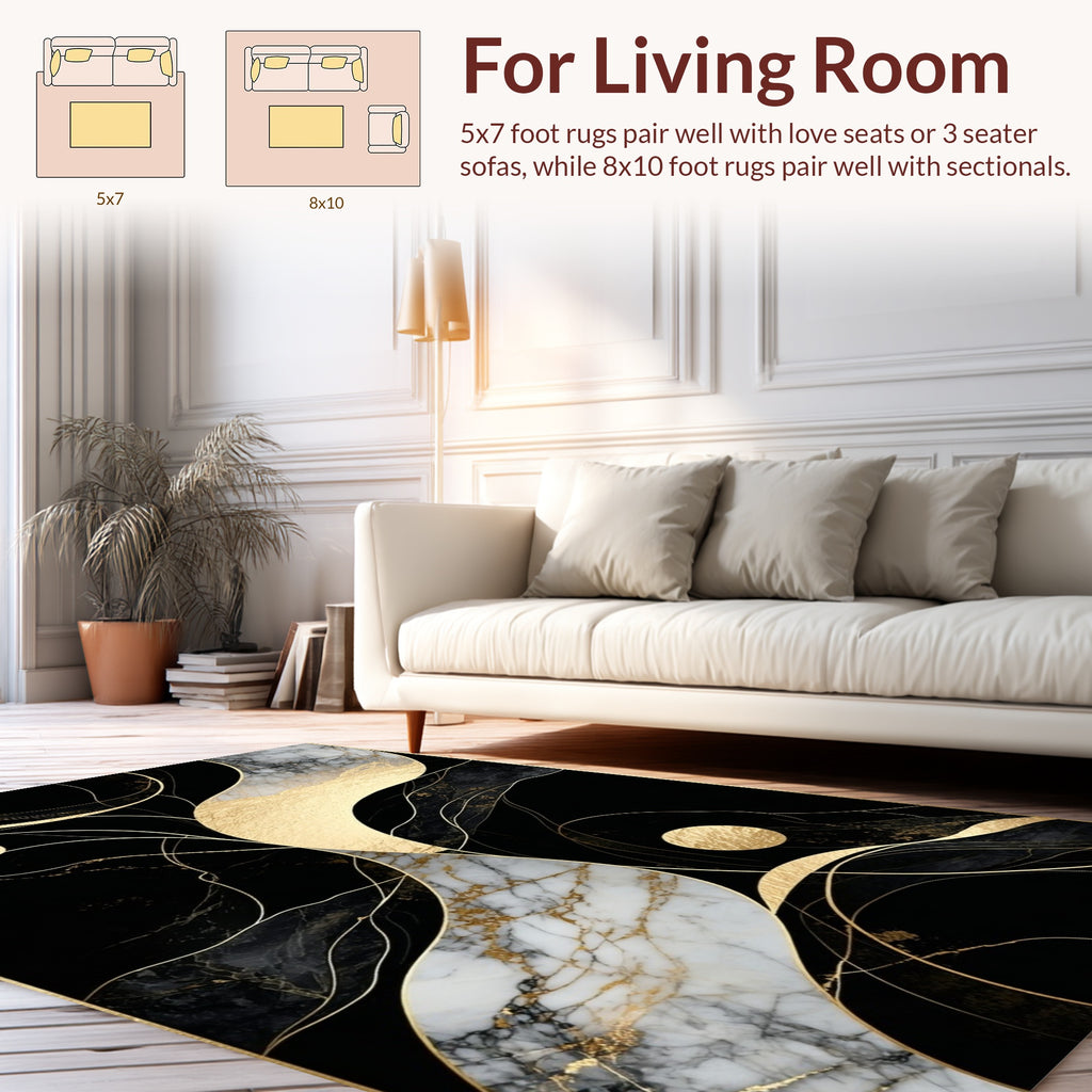 Abstract Black Gold Marble Swirl Rug