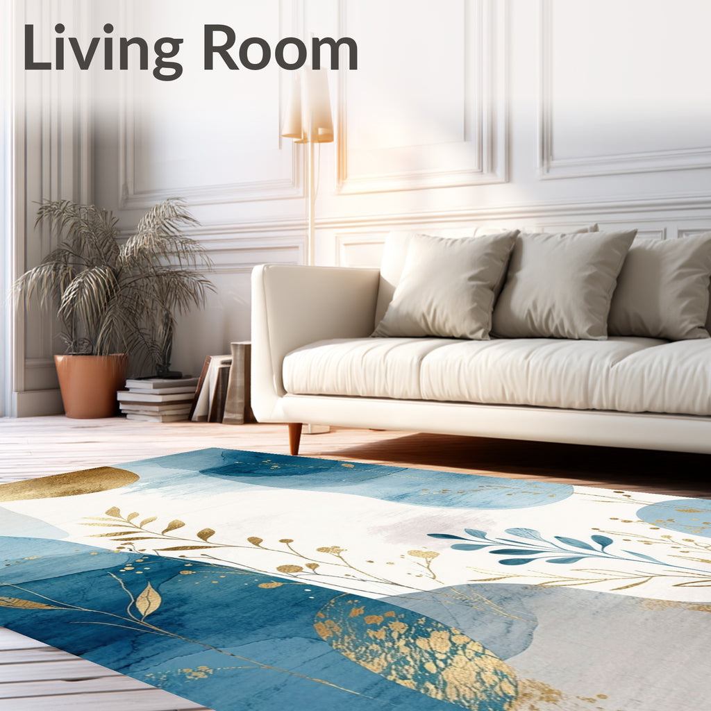 Abstract Blue Gold Leaf Watercolor Rug