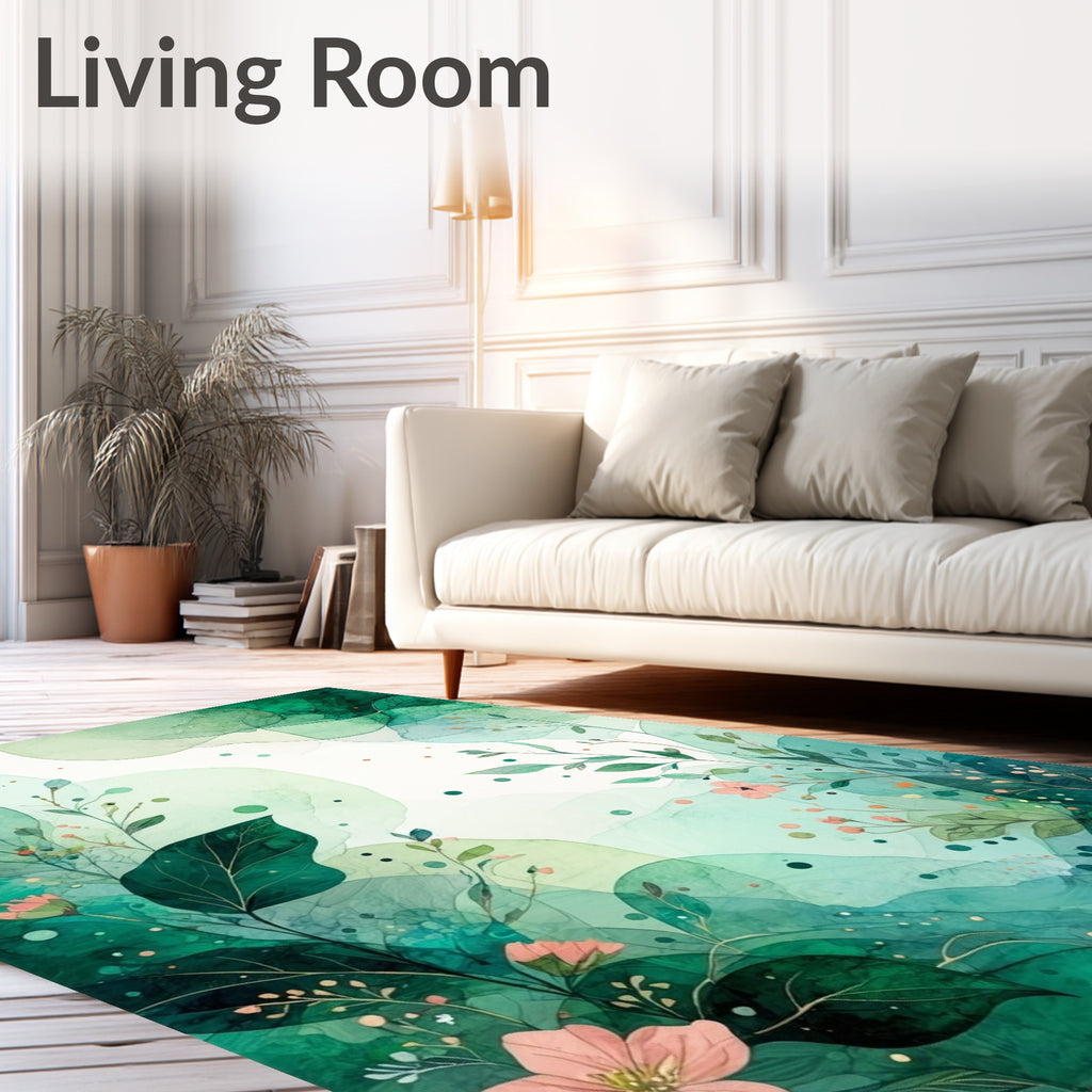 Abstract Emerald Green Floral Watercolor Rug