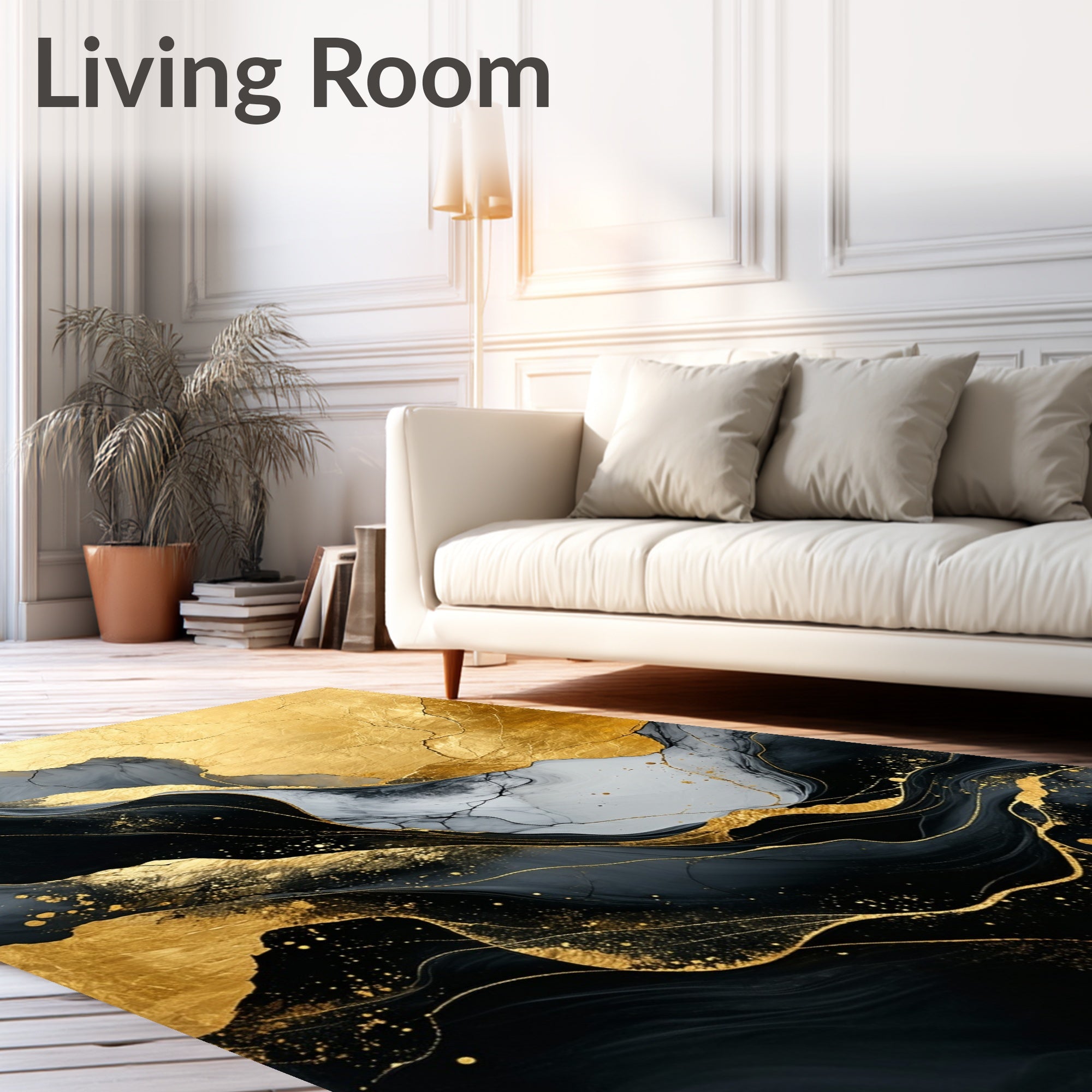 Abstract Gold Black Flowing Lines Rug
