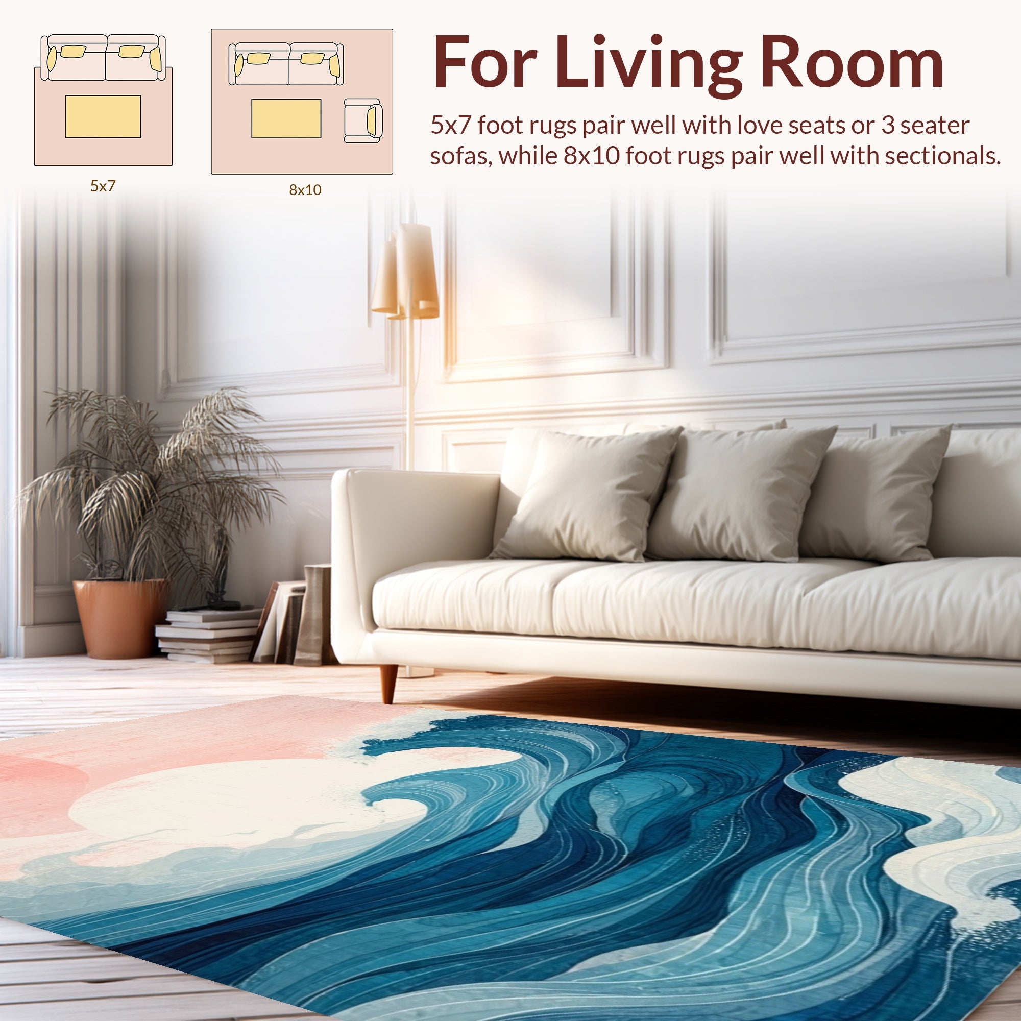 Abstract Pink Sun Blue Waves Rug