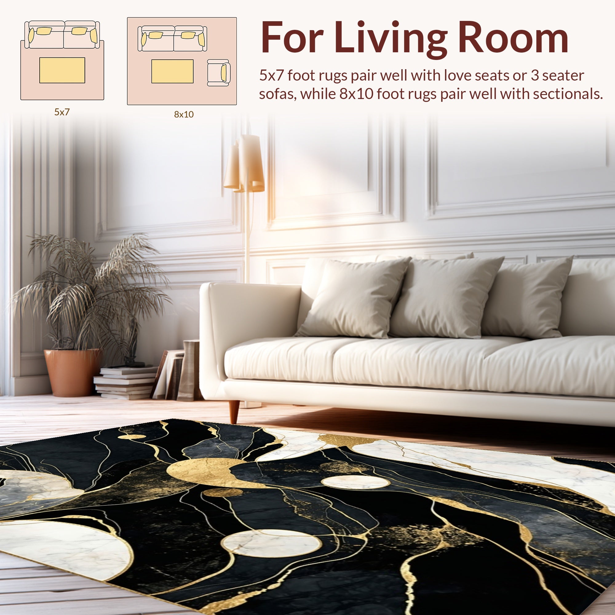Abstract Black Gold Marble Veins Rug
