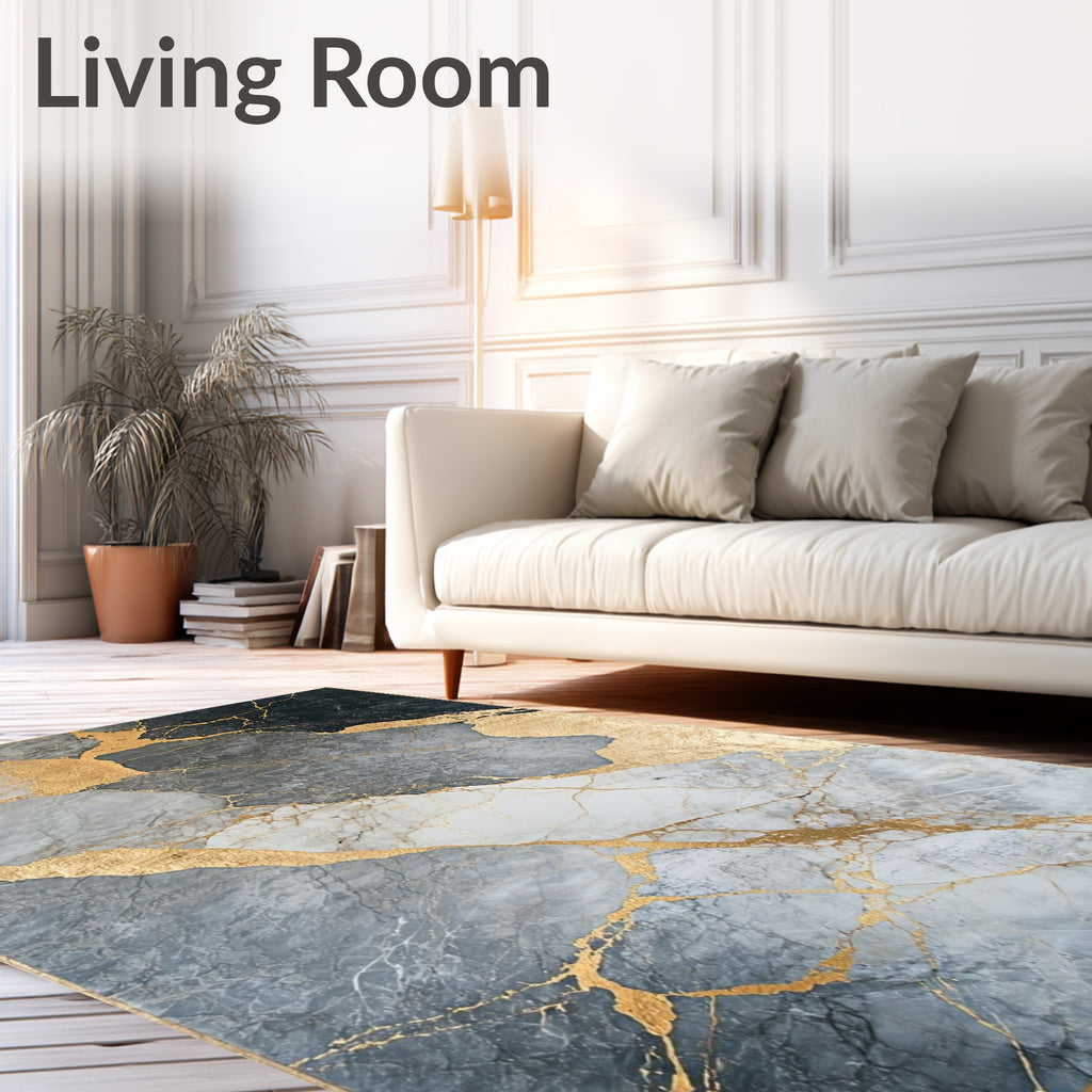 Abstract Gold Veined Marble Pattern Rug