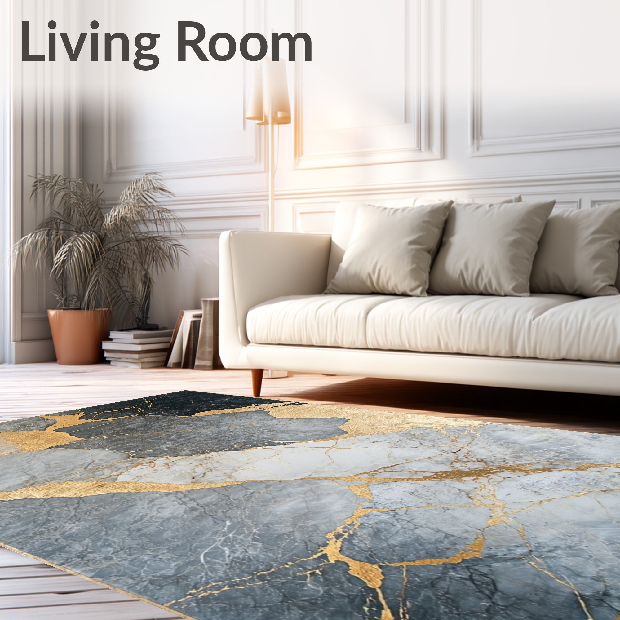 Abstract Gold Veined Marble Pattern Rug