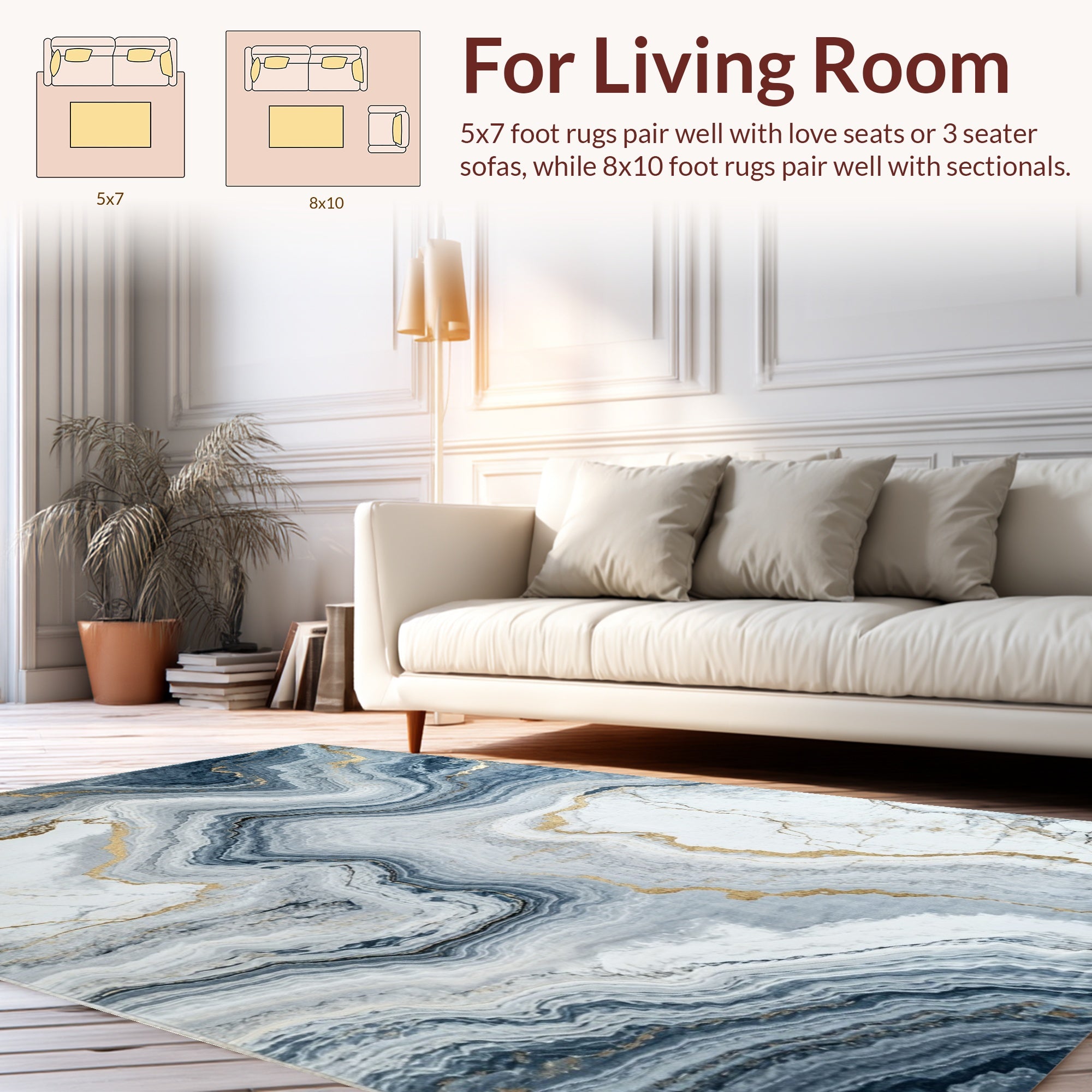 Abstract Blue Gold Veined Marble Rug