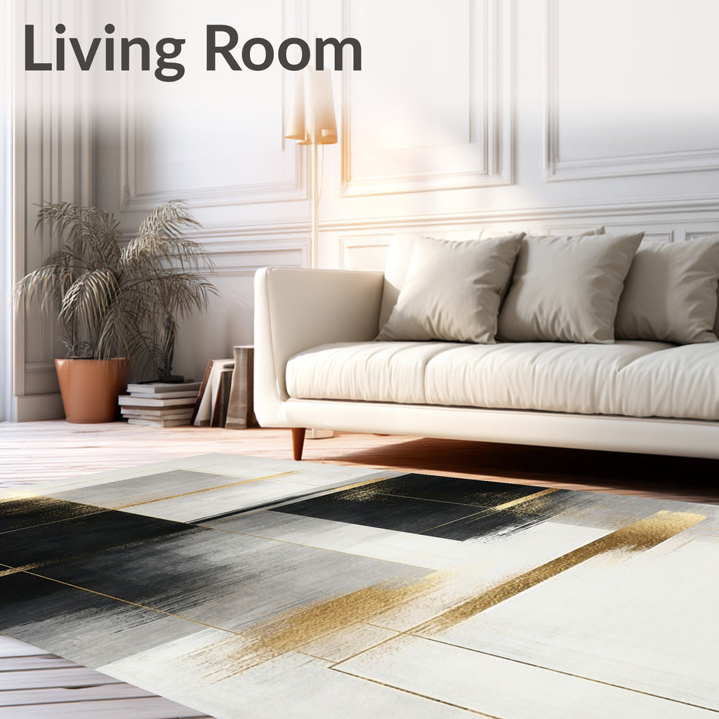 Abstract Brushstroke Gold Geometric Design Rug