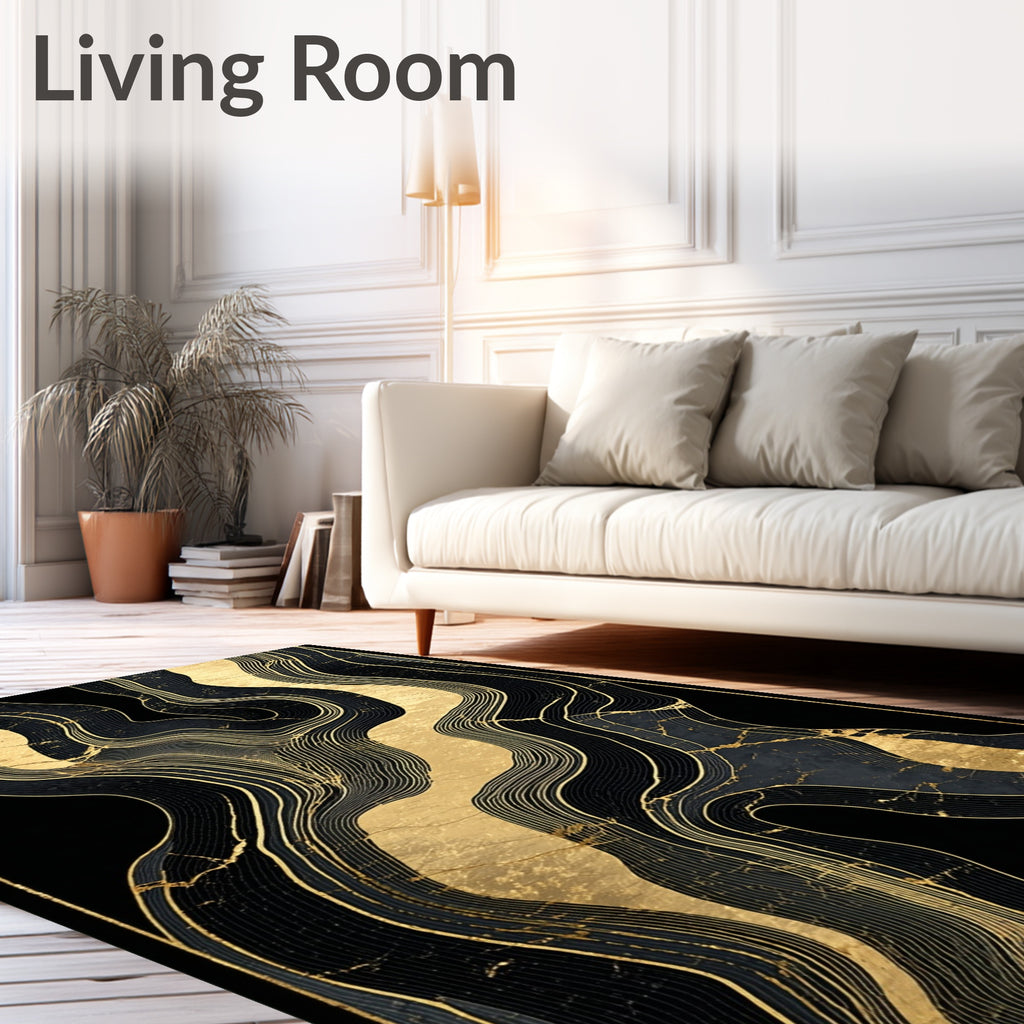 Abstract Gold Wave Black Pattern Rug