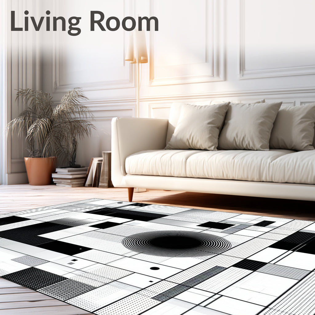 Abstract Geometric Black White Squares Circular Rug