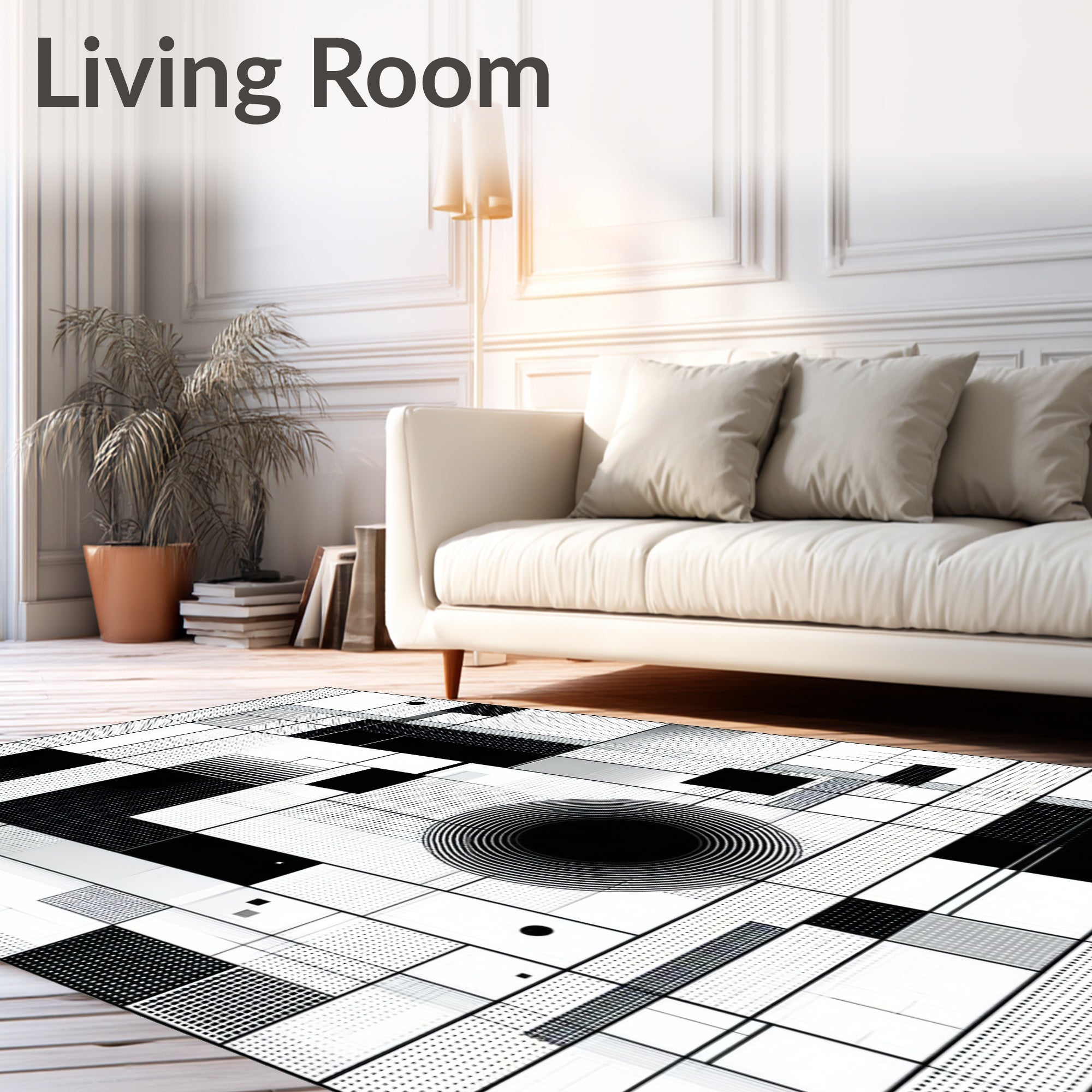 Abstract Geometric Black White Squares Circular Rug