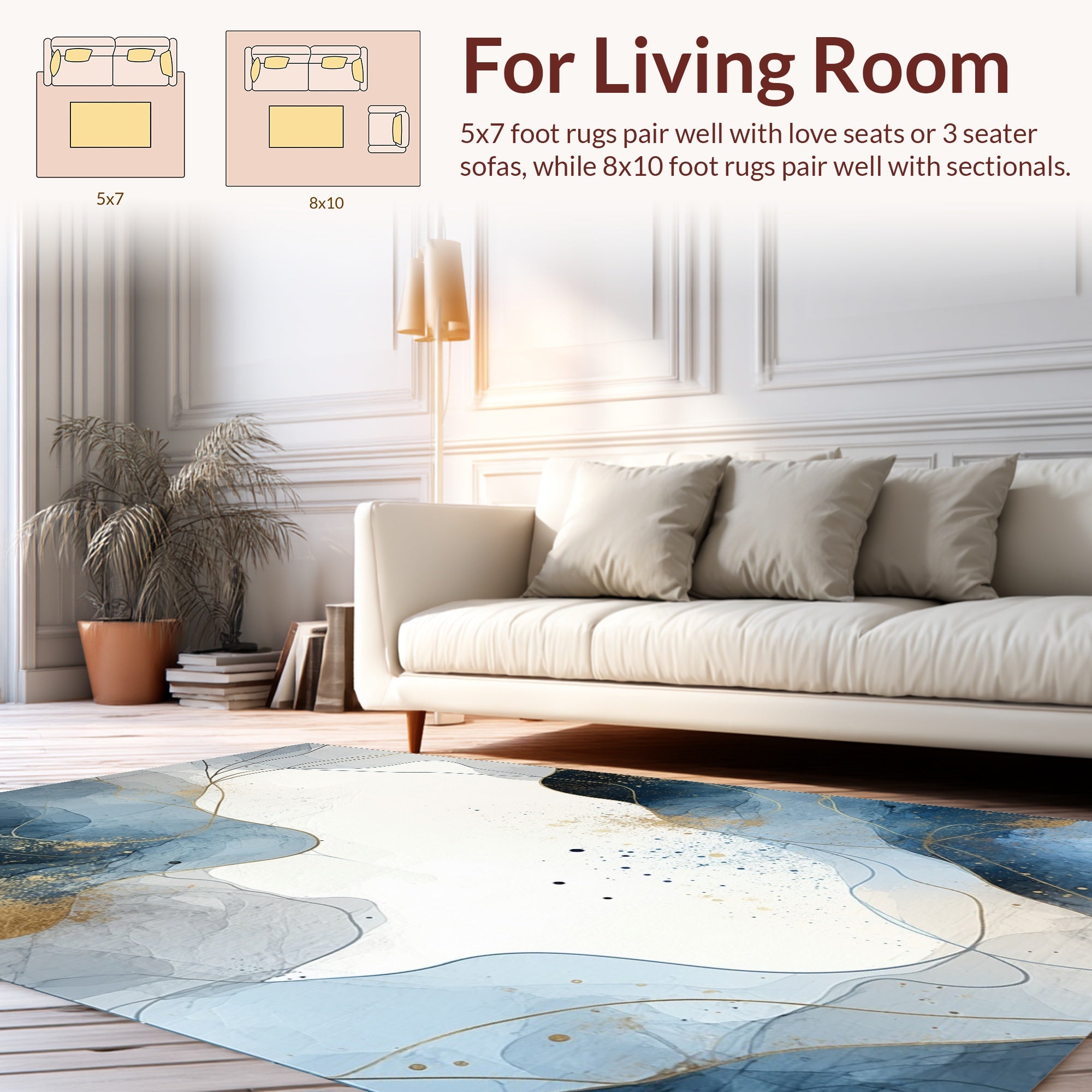 Abstract Blue Gold Swirl Pattern Rug