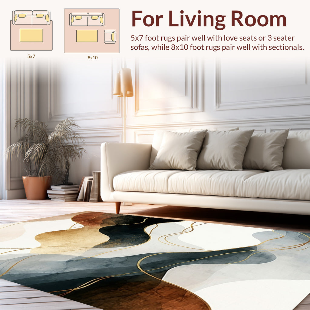 Abstract Gold Wavy Rust Navy Rug