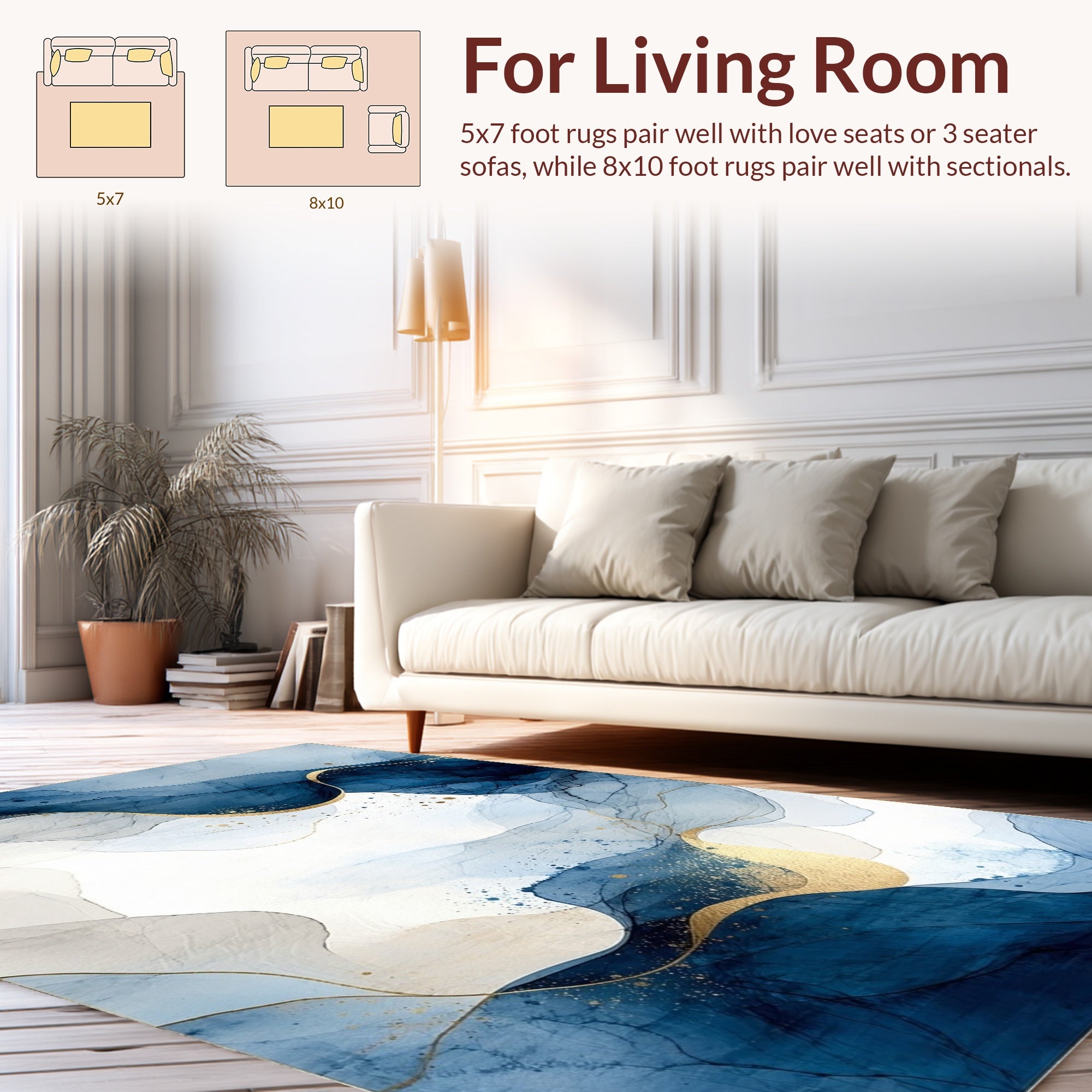 Abstract Blue Gold Wave Pattern Rug