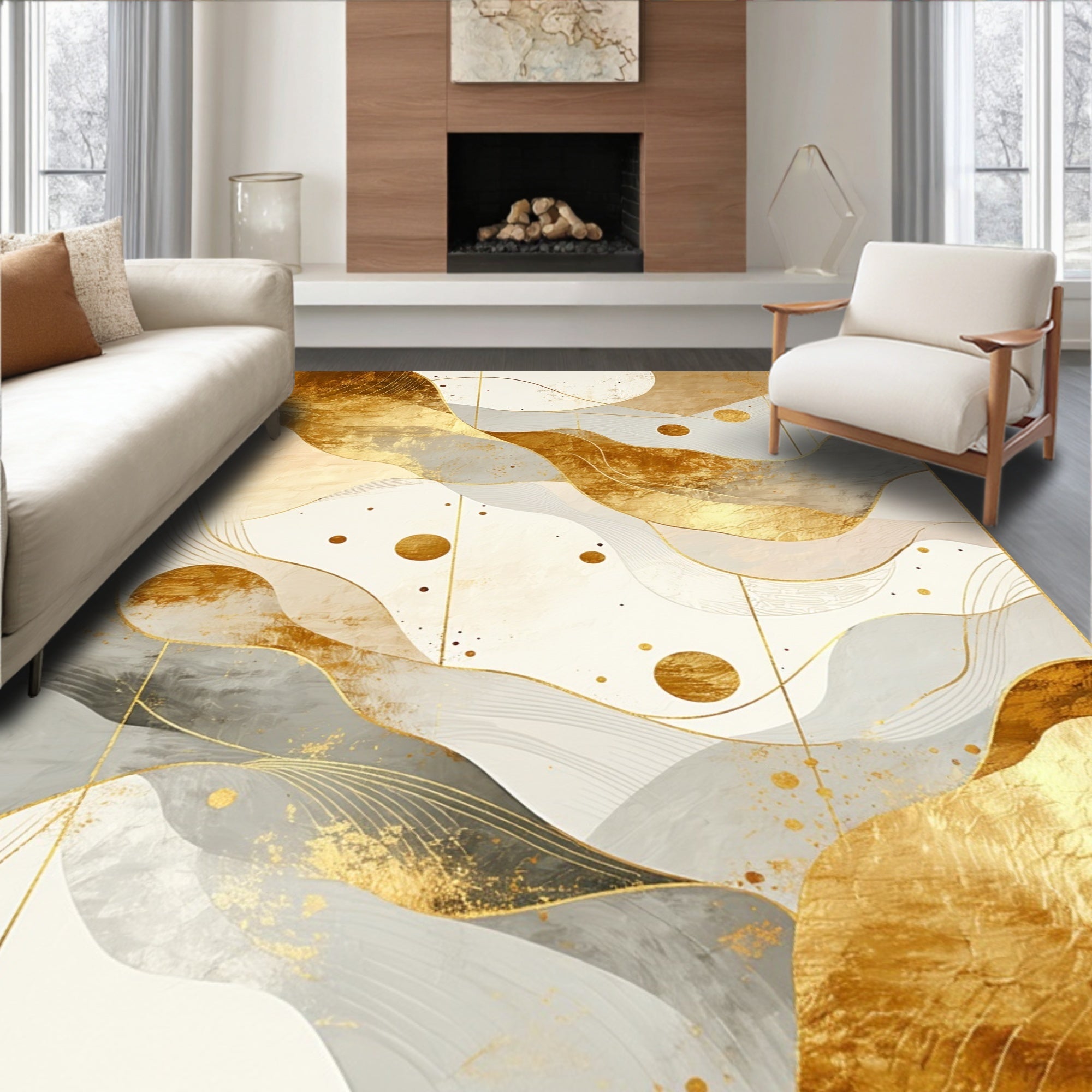 Abstract Gold Gray Wave Pattern Rug