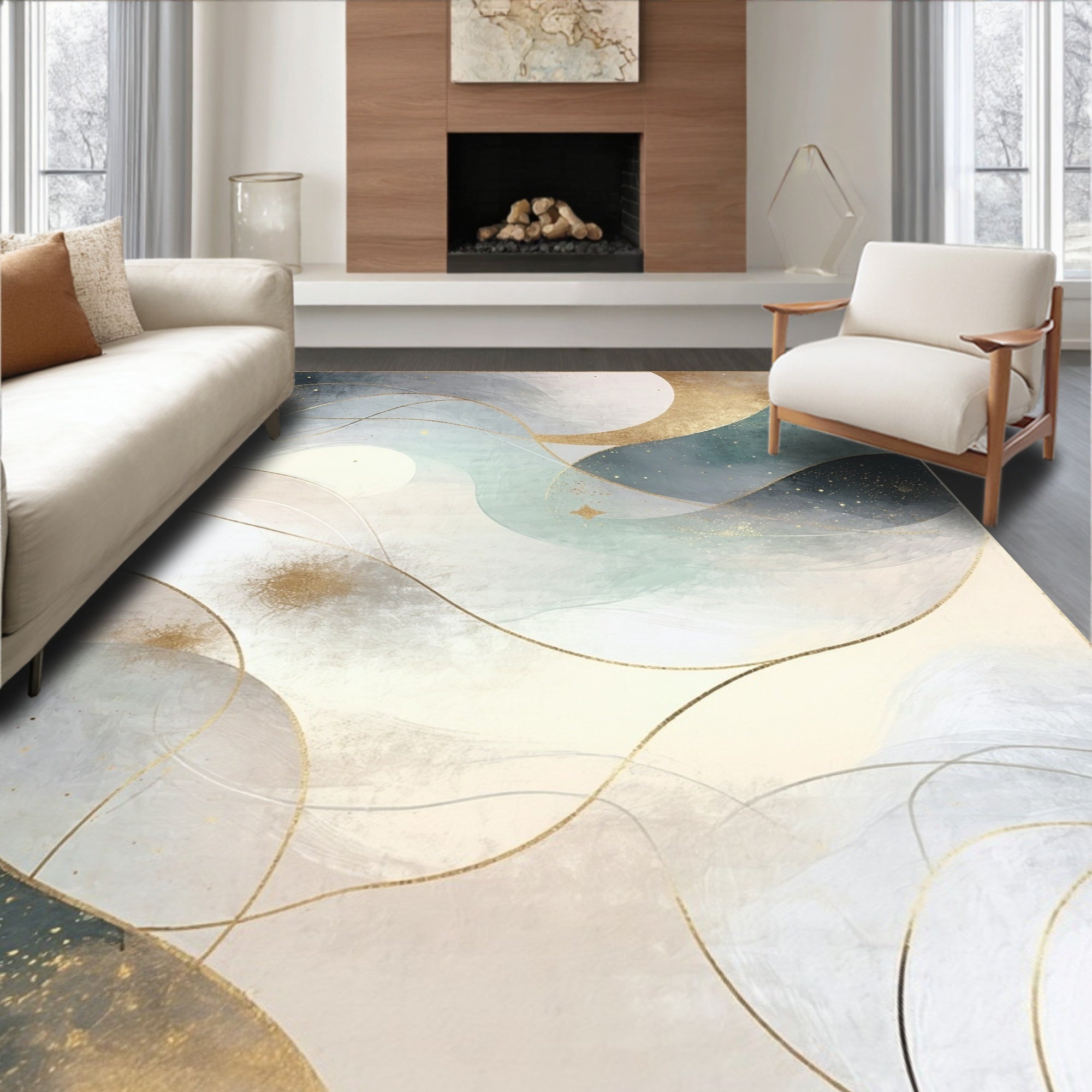 Abstract Gold Swirl Ocean Inspired Design Rug
