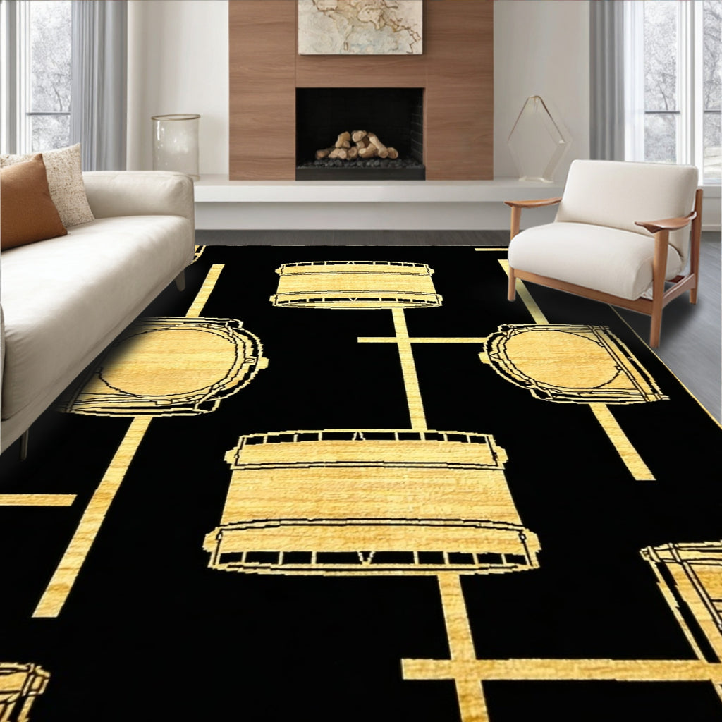 Abstract Black Yellow Barrel Design Rug