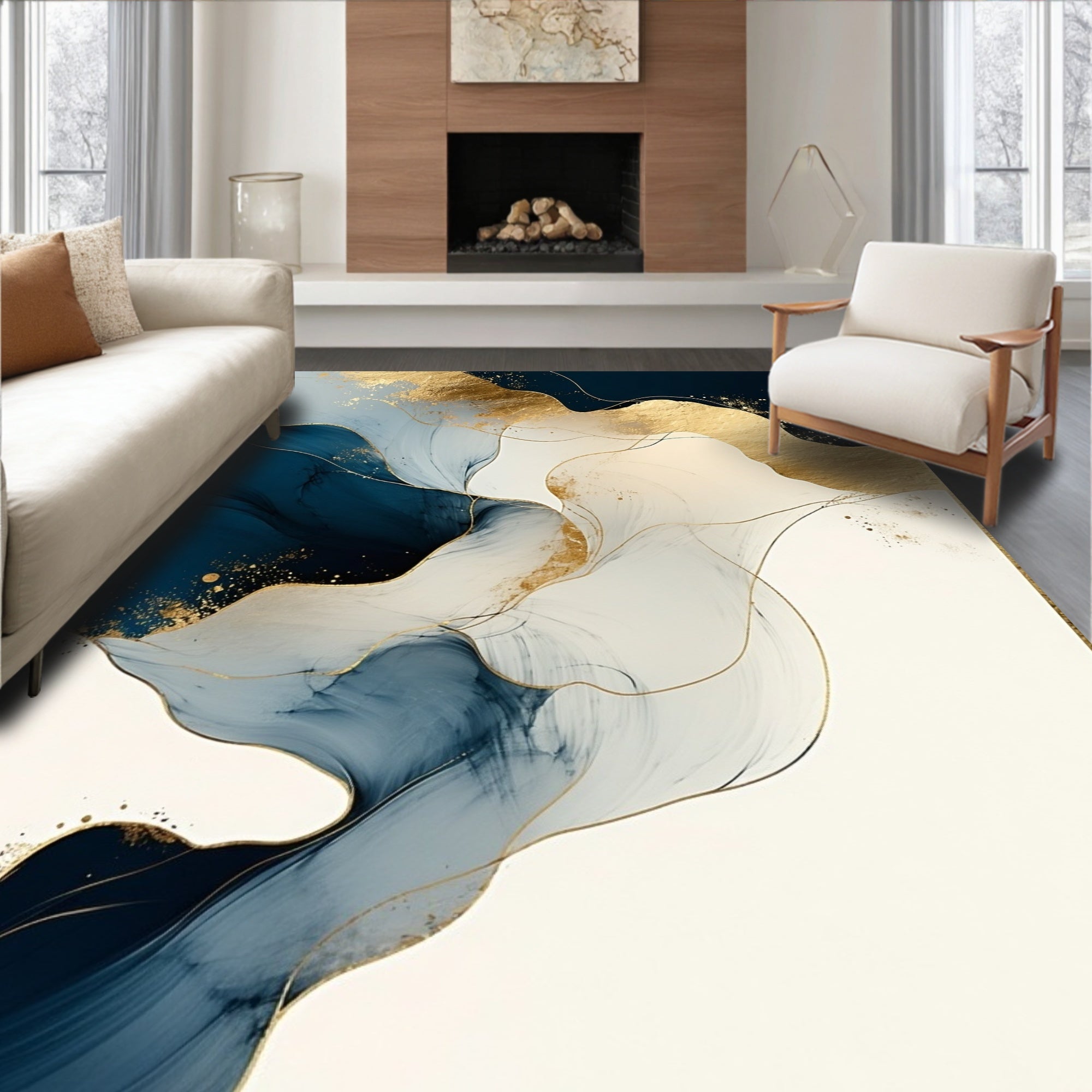 Abstract Ocean Waves Gold Leaf Rug