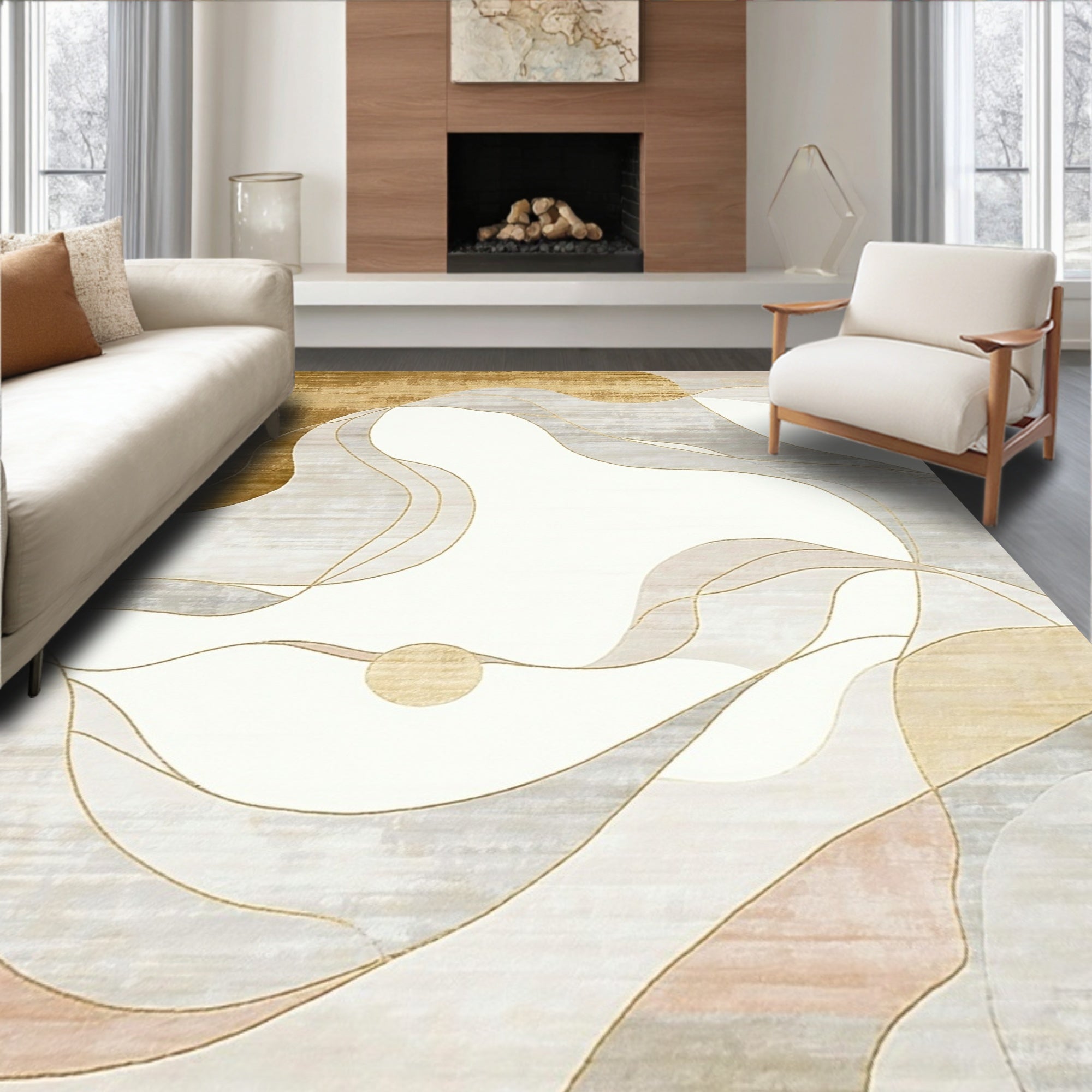 Abstract Golden Gray Waves Rug