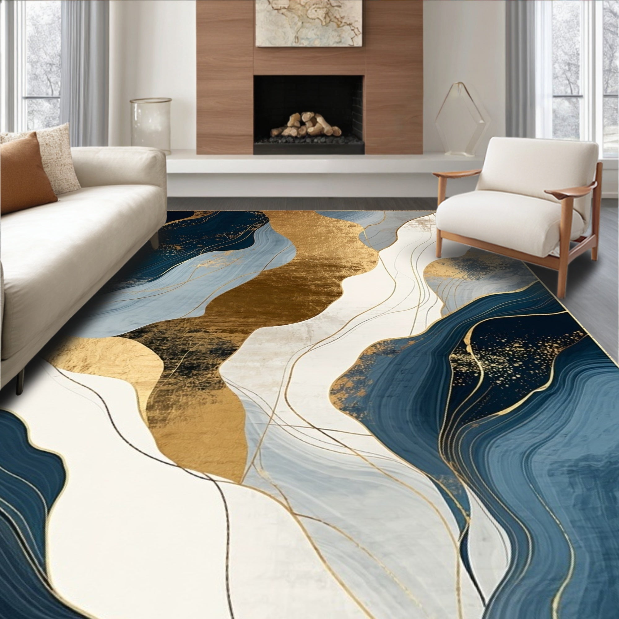Abstract Blue Gold Wavy Landscape Print Rug