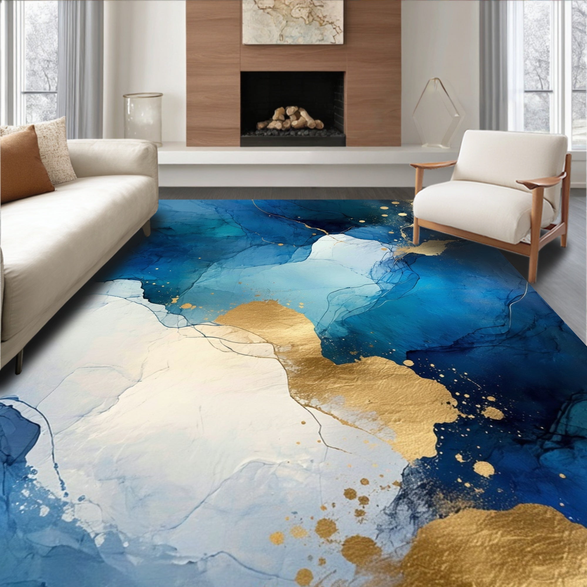 Abstract Blue Gold Swirl Design Rug