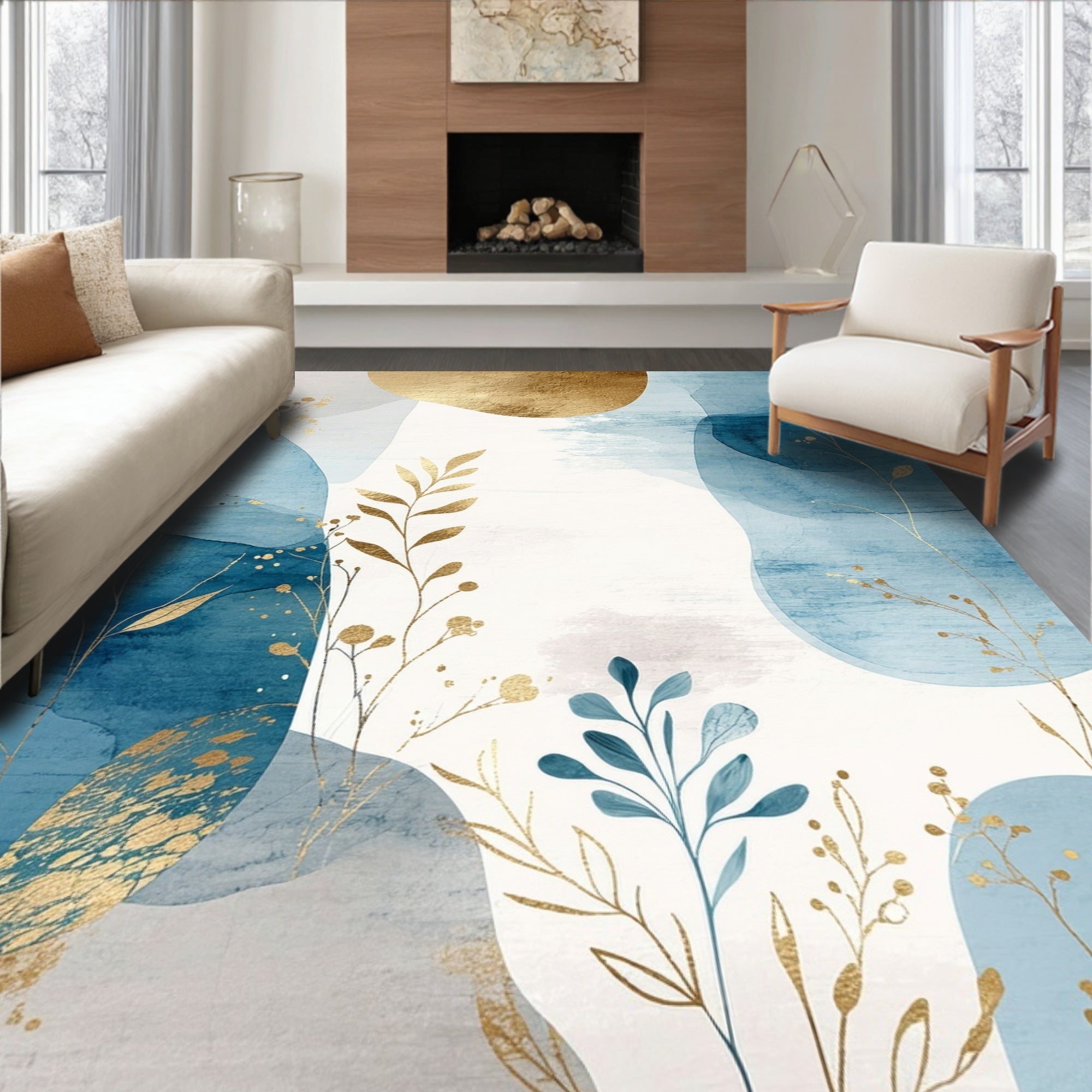 Abstract Blue Gold Leaf Watercolor Rug