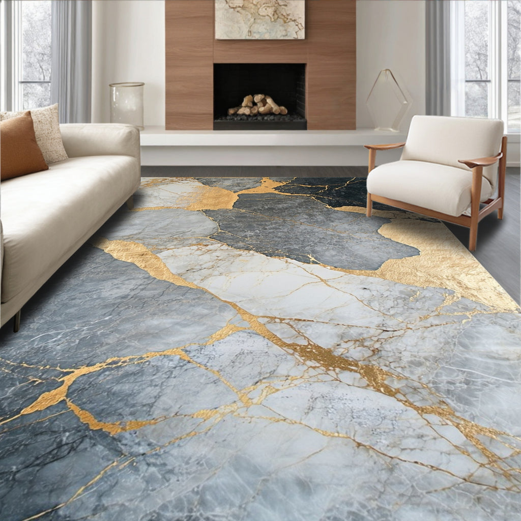Abstract Gold Veined Marble Pattern Rug