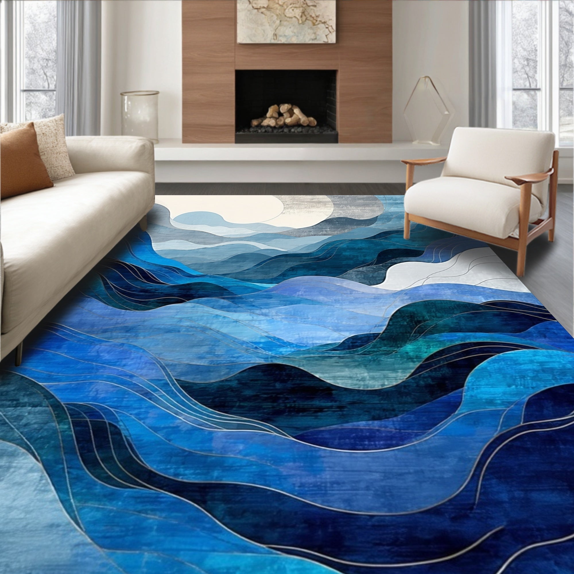Abstract Layered Blue Waves Rug