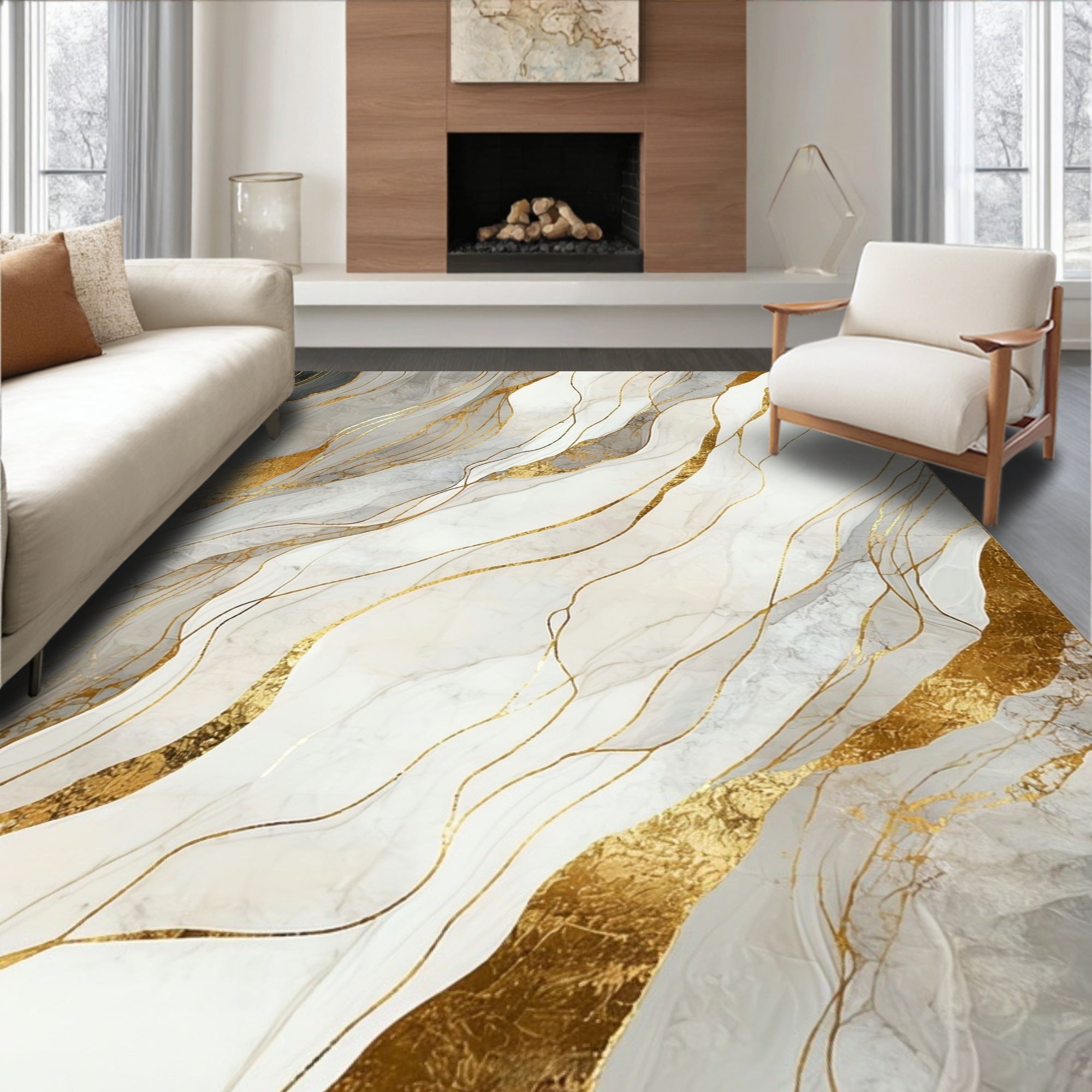 Abstract Gold Swirl Marble Pattern Rug