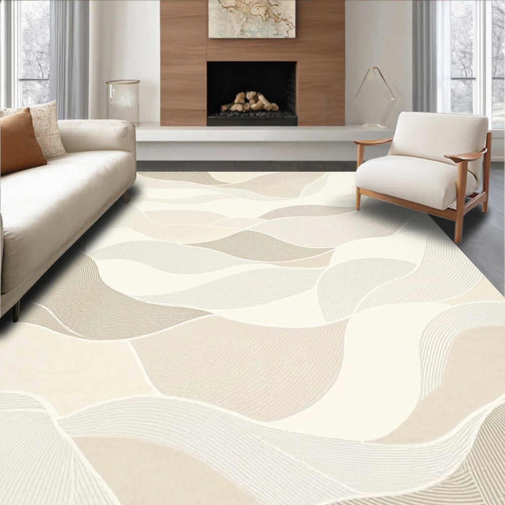 Abstract Beige Flowing Waves Rug