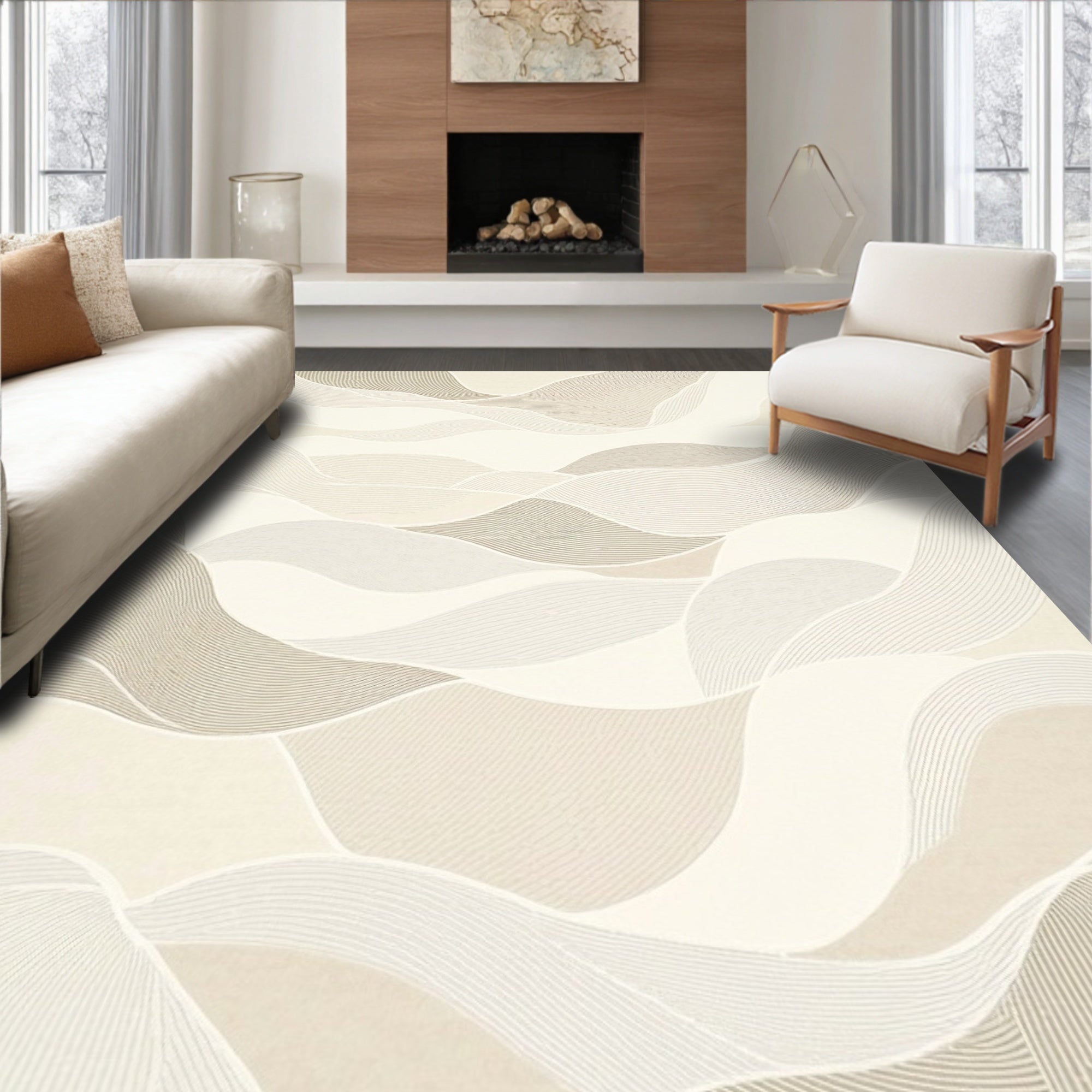 Abstract Beige Flowing Waves Rug