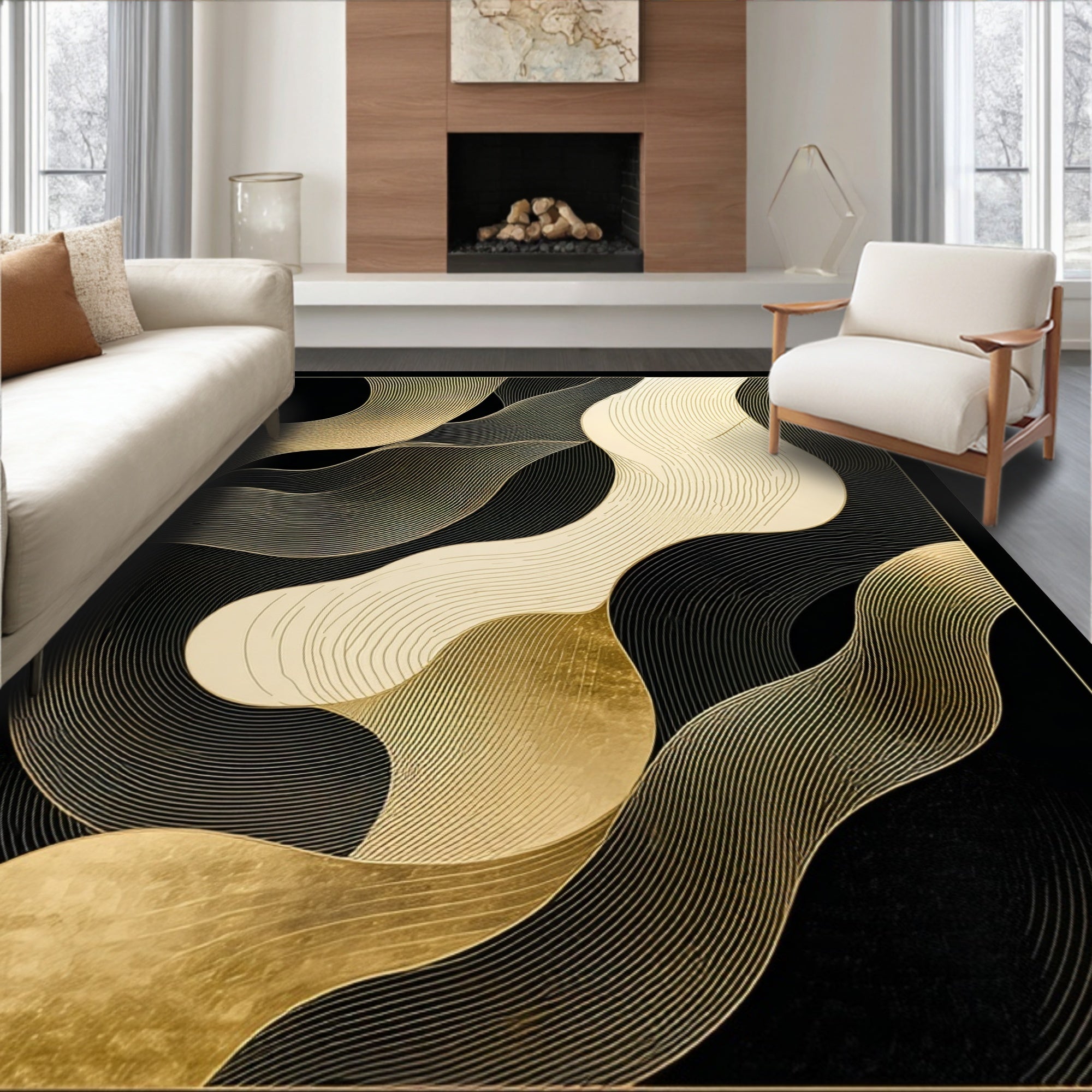 Abstract Flowing Gold Lines Rug