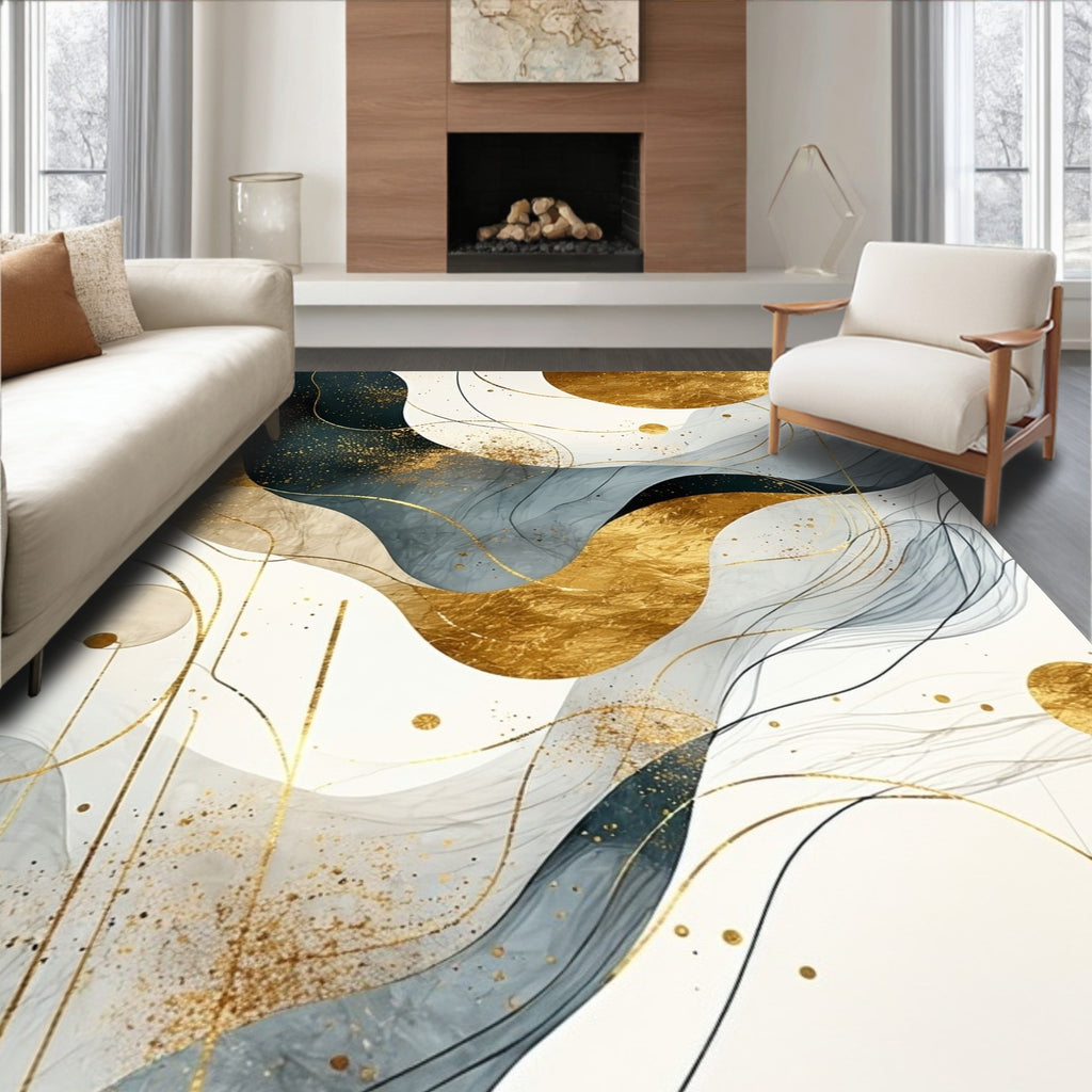 Abstract Gold Teal Wavy Lines Rug