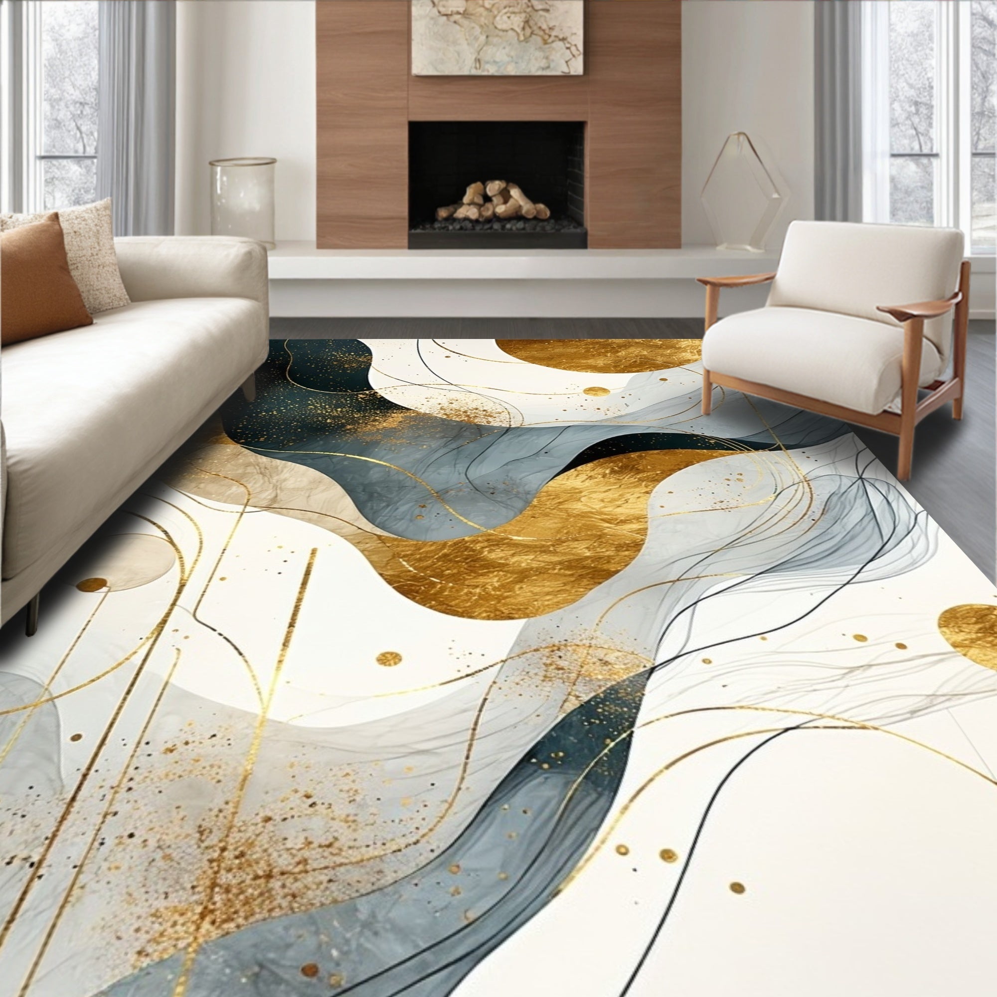 Abstract Gold Teal Wavy Lines Rug