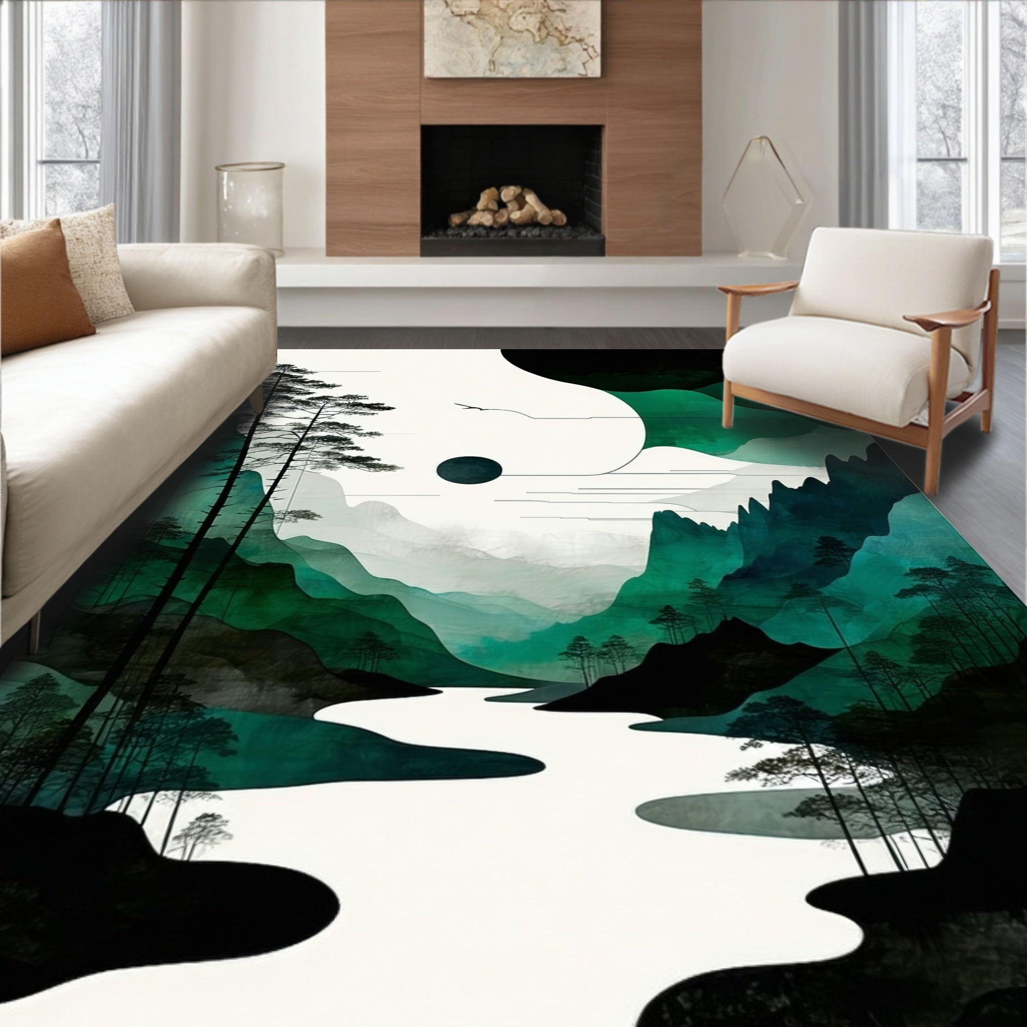 Abstract Green Landscape River Design Rug
