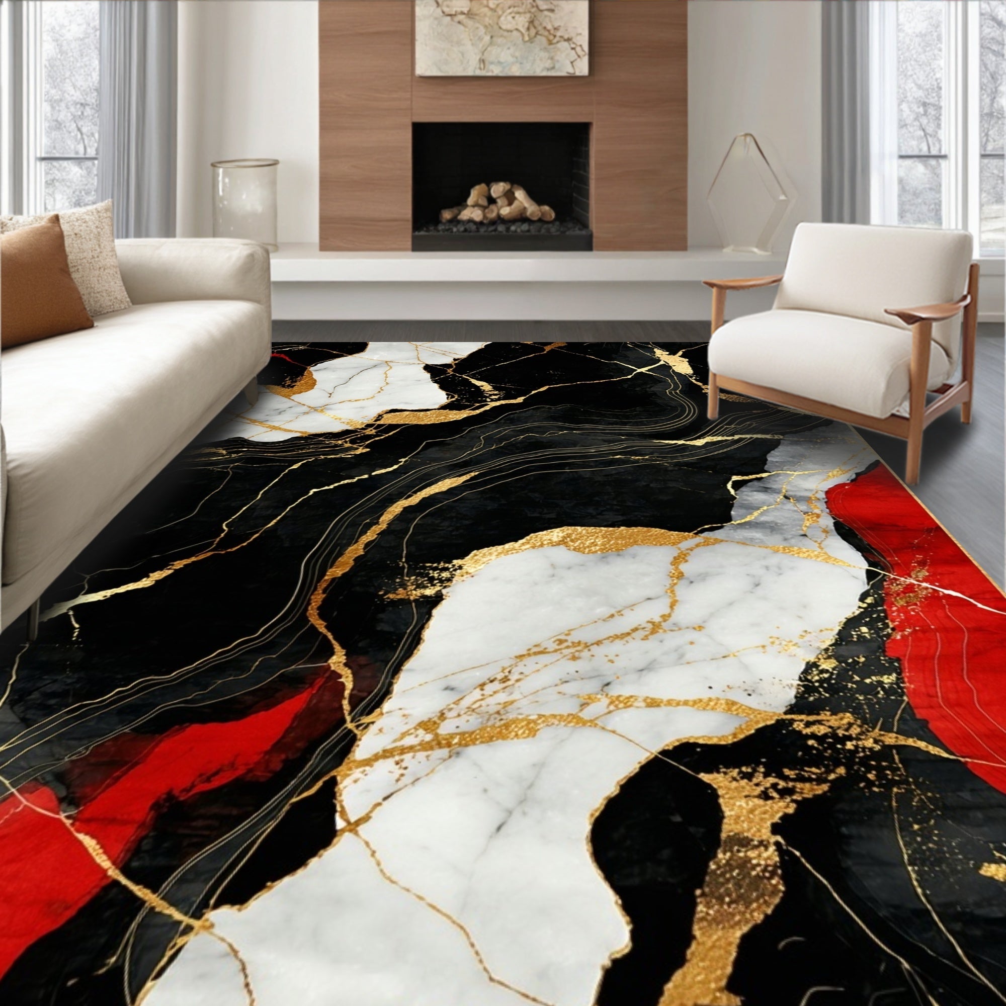 Abstract Marble Gold Veined Pattern Rug