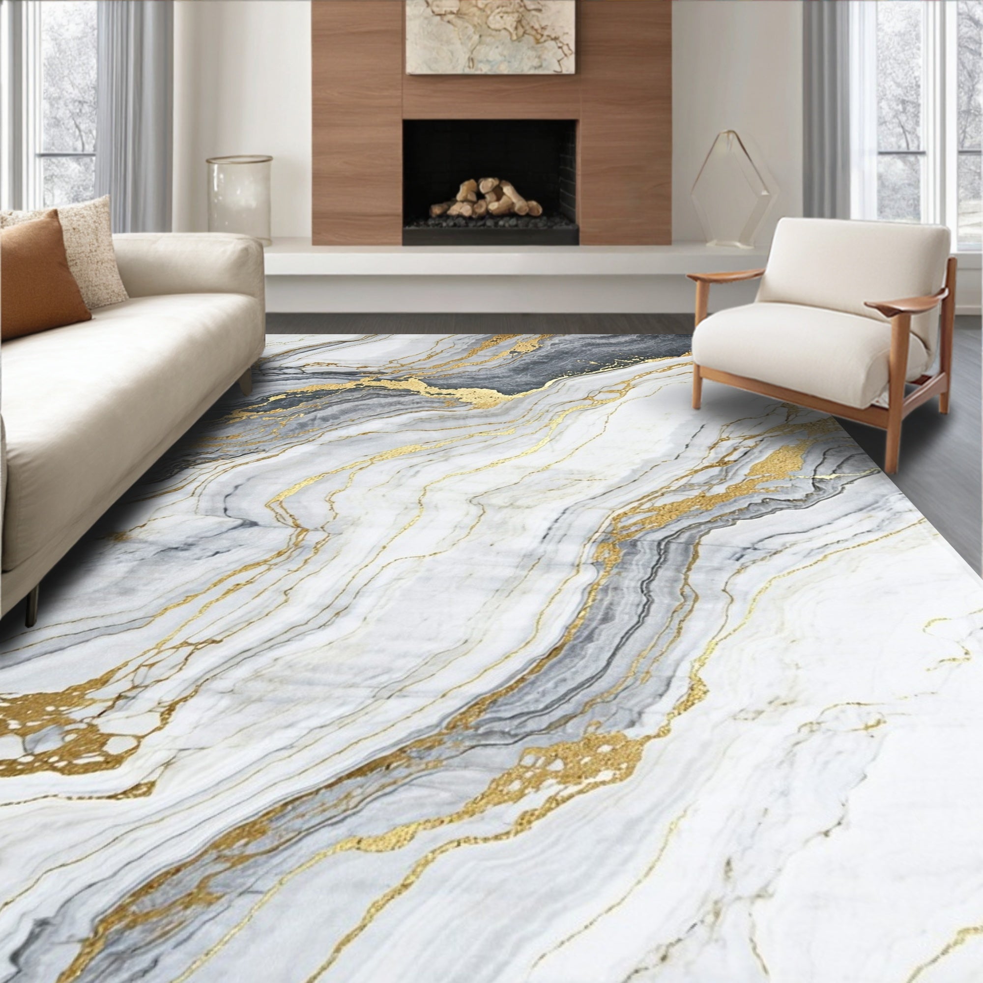 Abstract Marble Gold Vein Rug