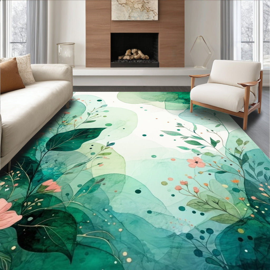 Abstract Emerald Green Floral Watercolor Rug
