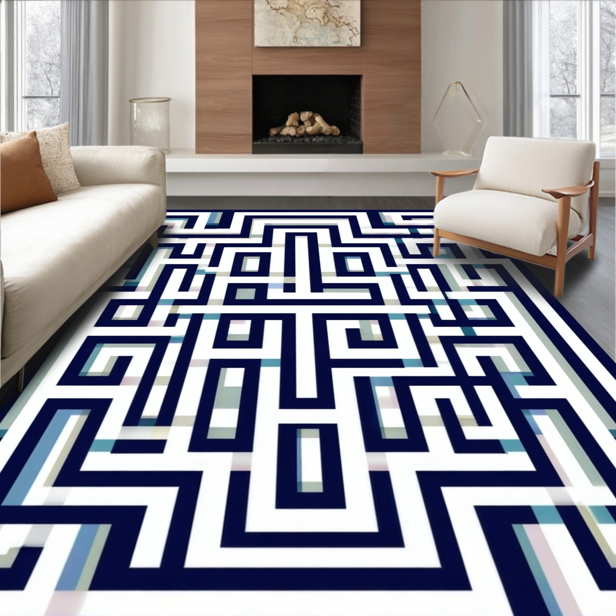 Abstract Navigational Maze Pattern Rug