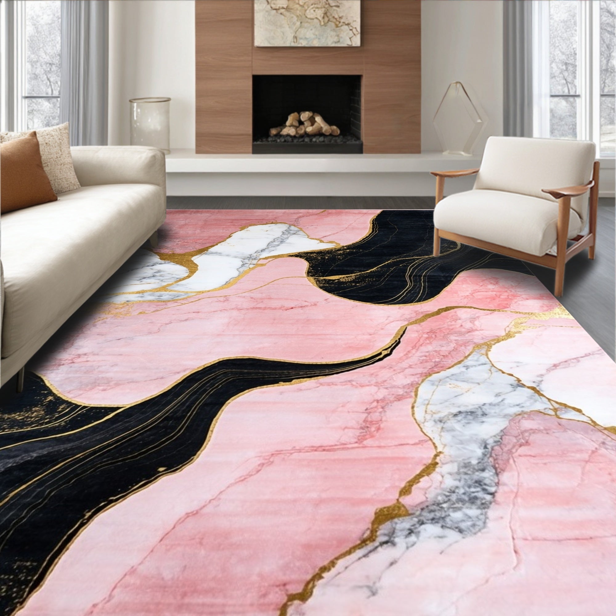 Abstract Pink Gold Marble Wave Rug