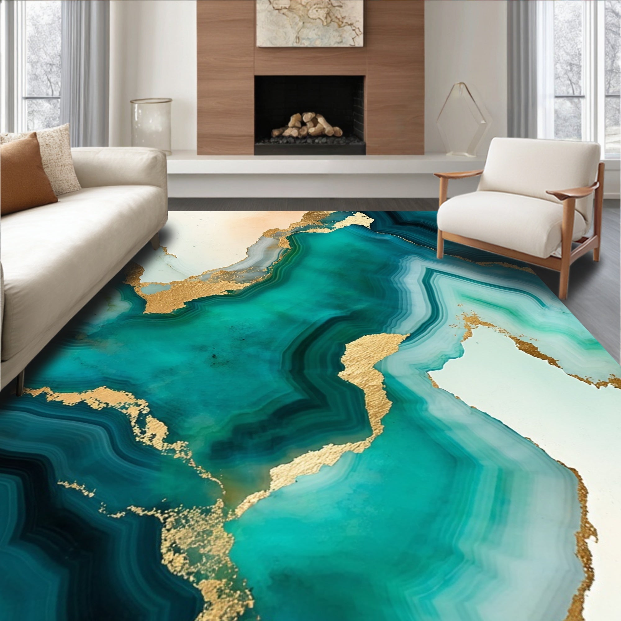 Abstract Agate Gold Veined Teal Rug