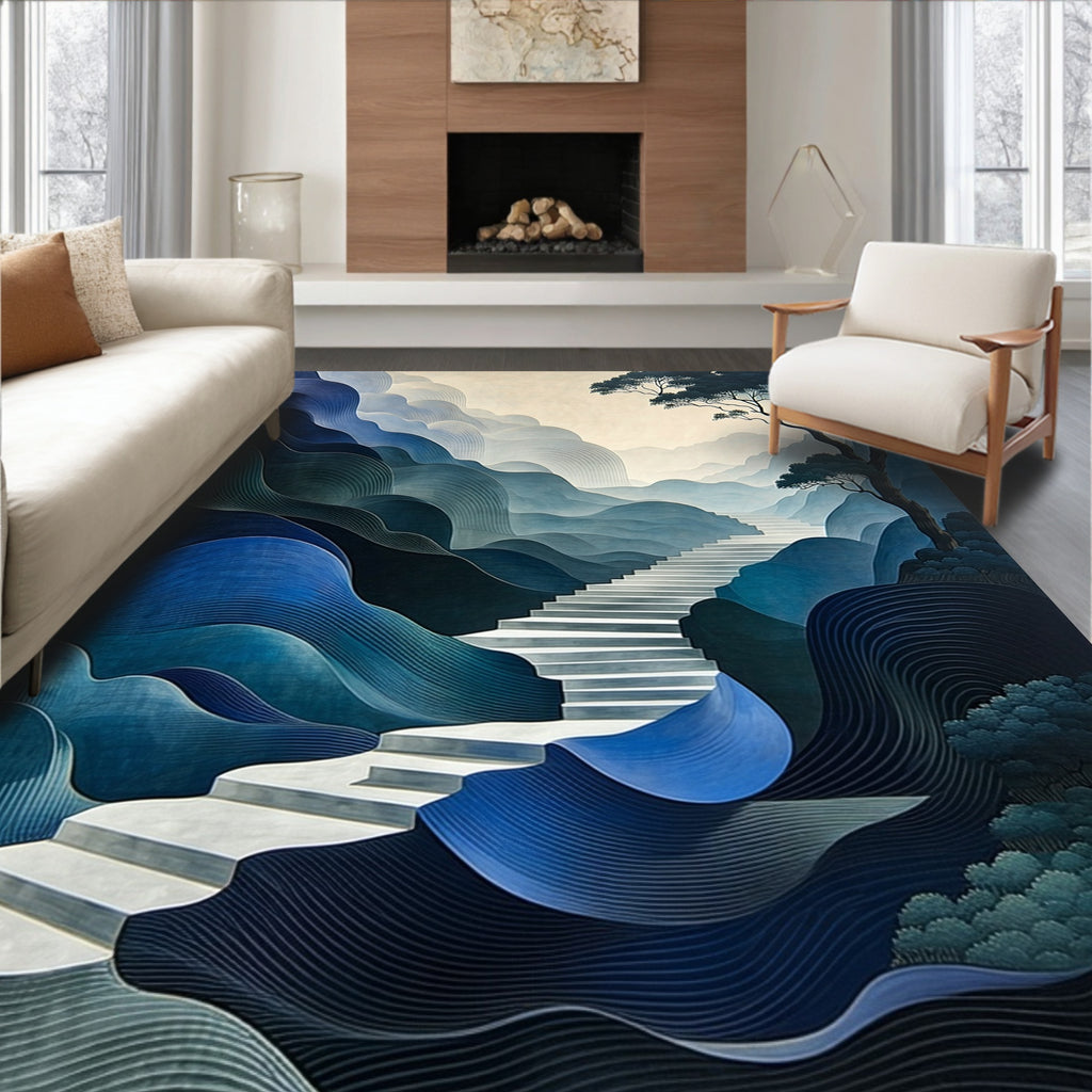 Abstract Blue Wave Stair Scene Rug