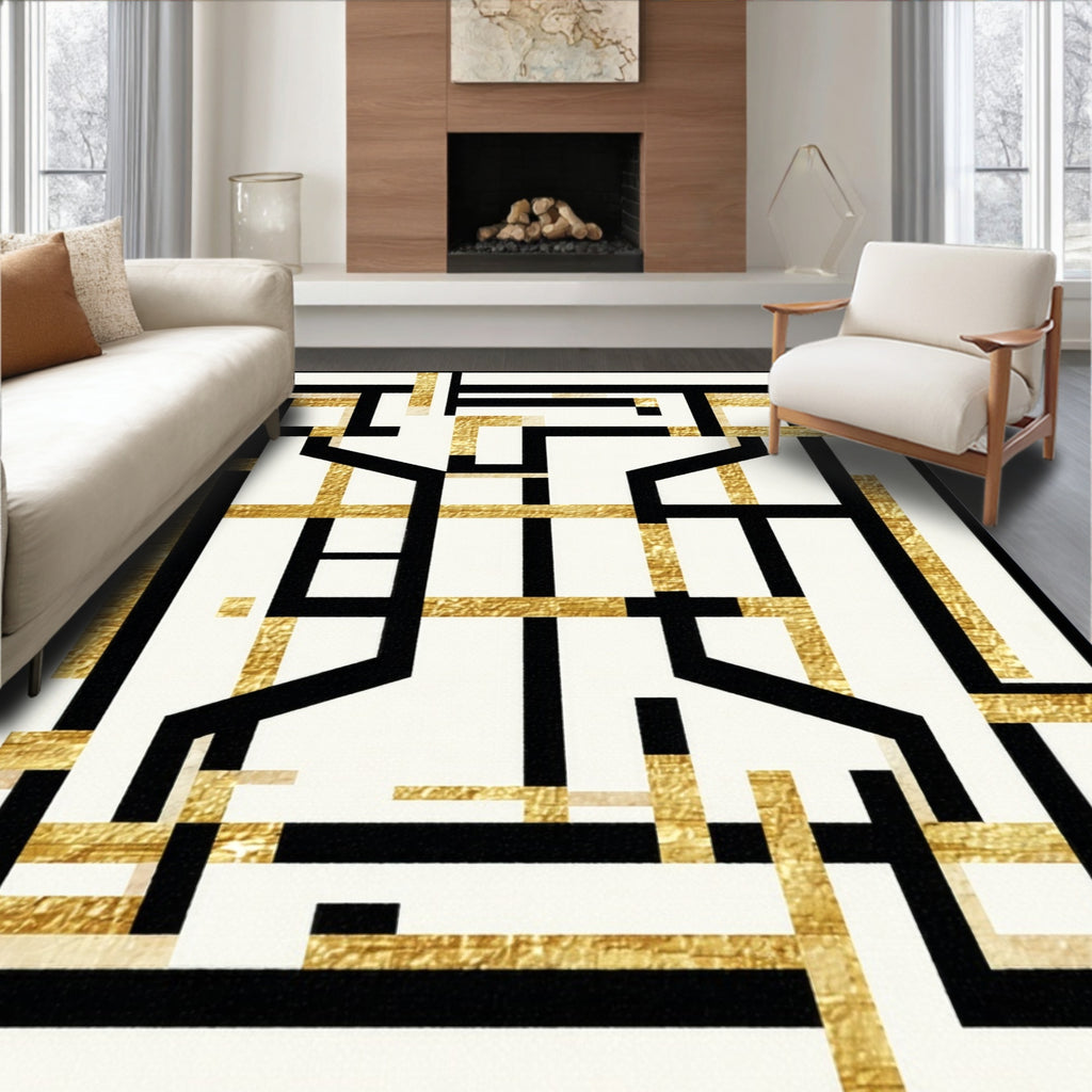 Abstract Black Gold Geometric Lines Rug