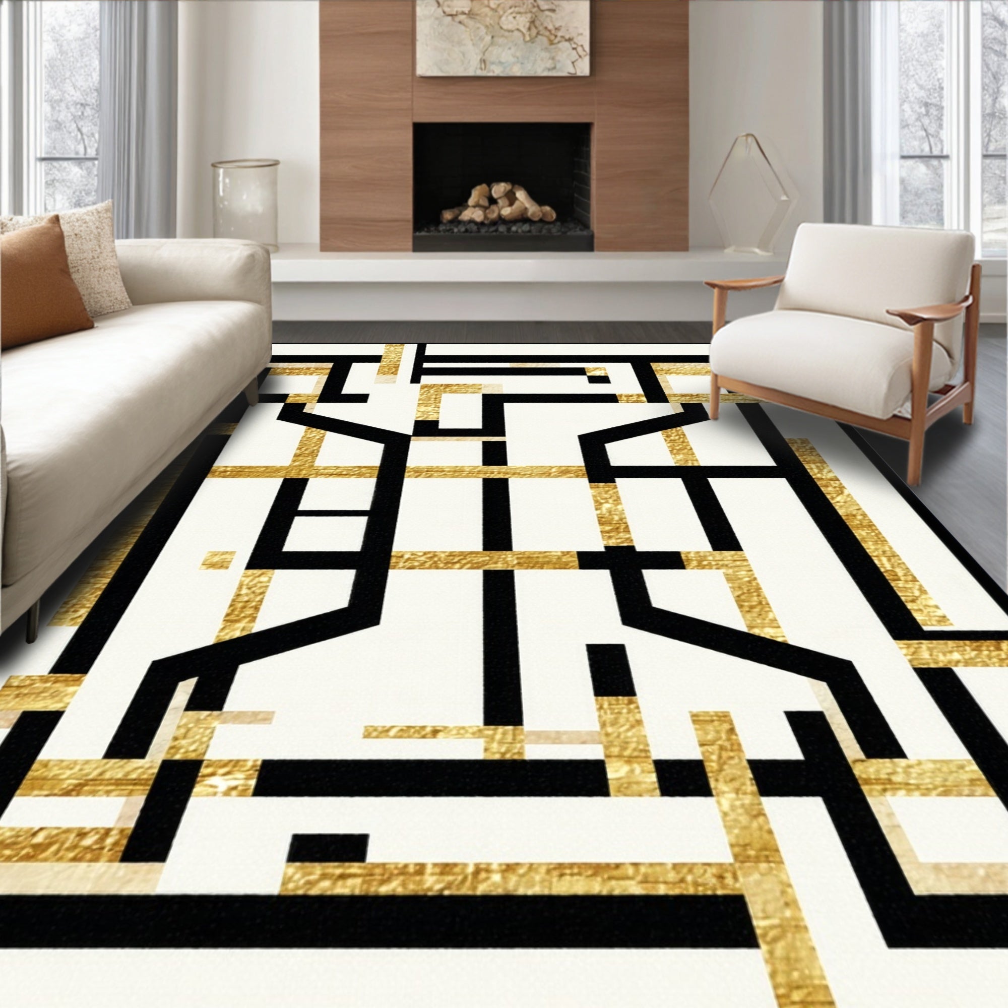 Abstract Black Gold Geometric Lines Rug