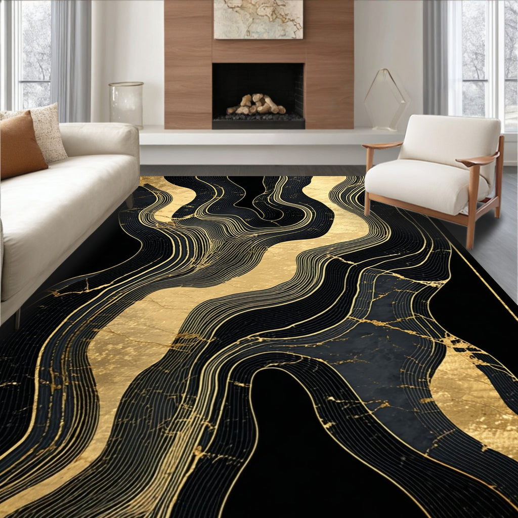 Abstract Gold Wave Black Pattern Rug